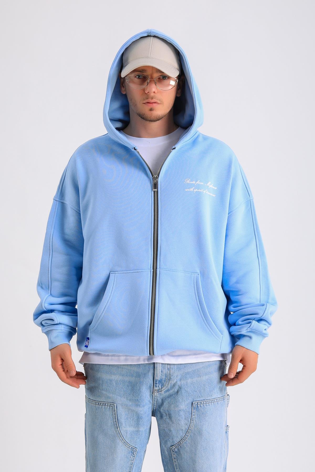 PQS Baskılı Mavi Oversize Zipper Hoodie SW1232