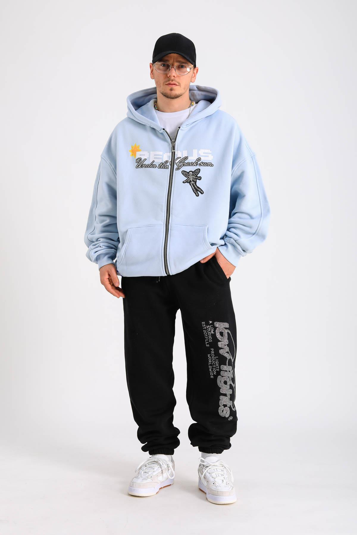 PQS Baskılı Mavi Oversize Zipper Hoodie SW1263