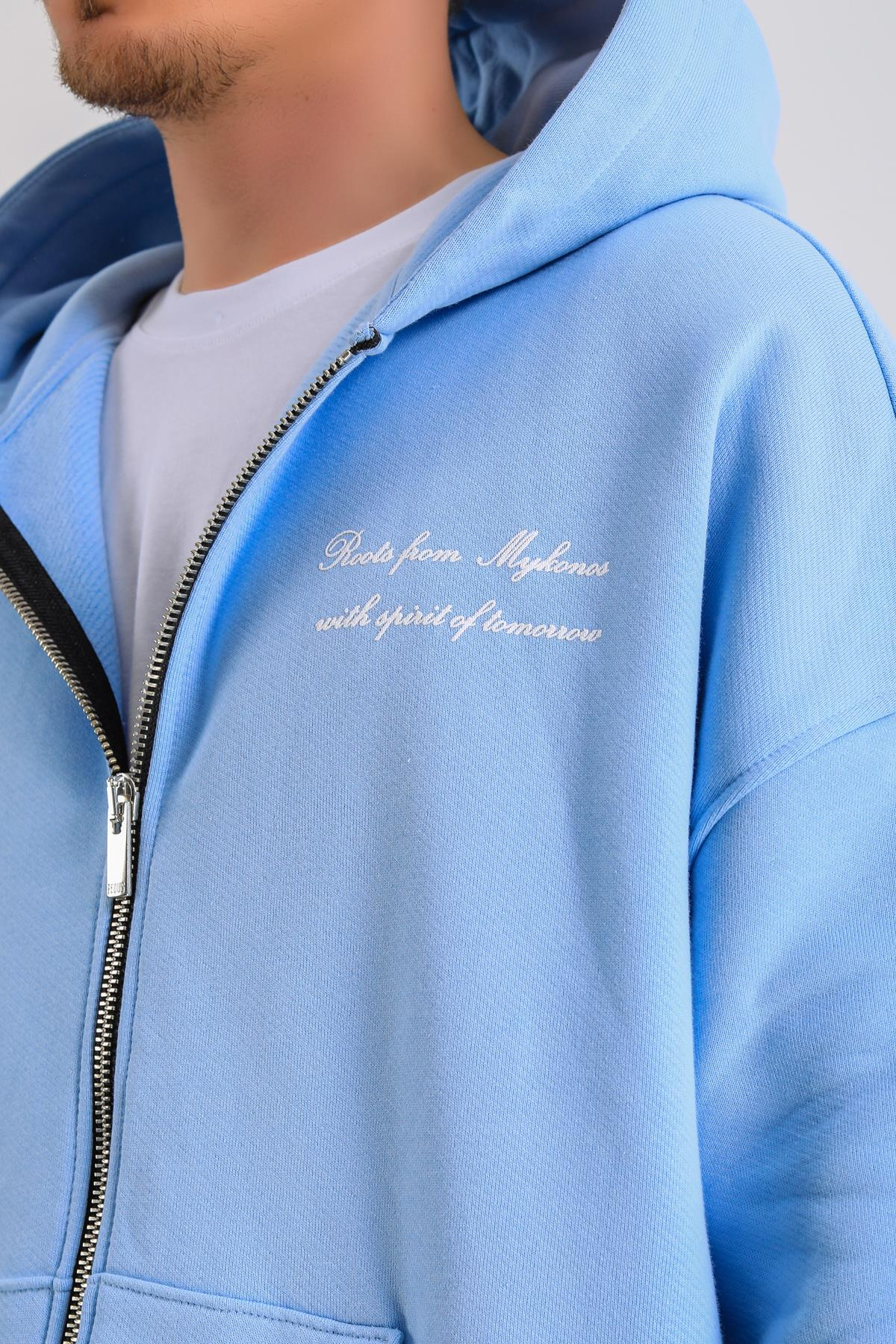 PQS Baskılı Mavi Oversize Zipper Hoodie SW1232