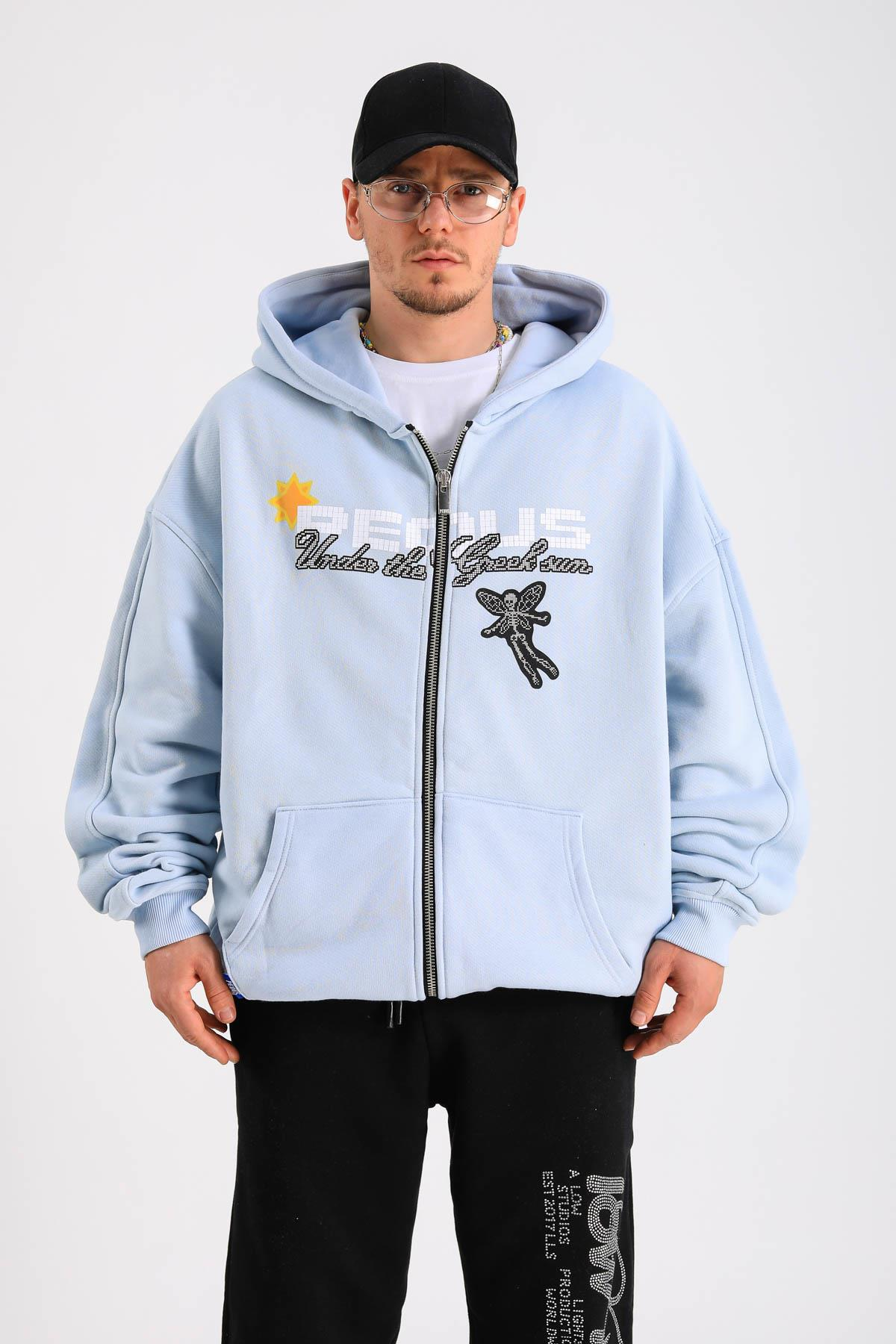 PQS Baskılı Mavi Oversize Zipper Hoodie SW1263