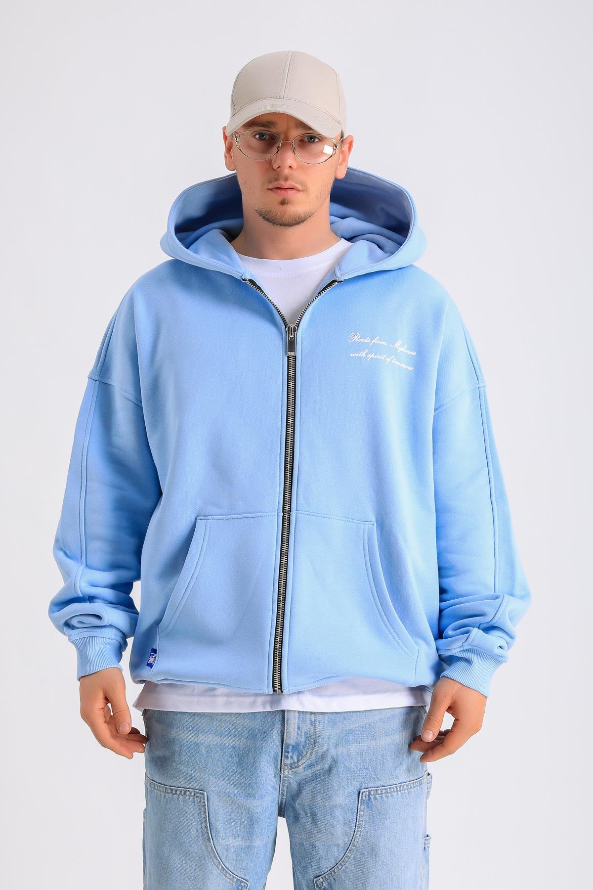 PQS Baskılı Mavi Oversize Zipper Hoodie SW1232