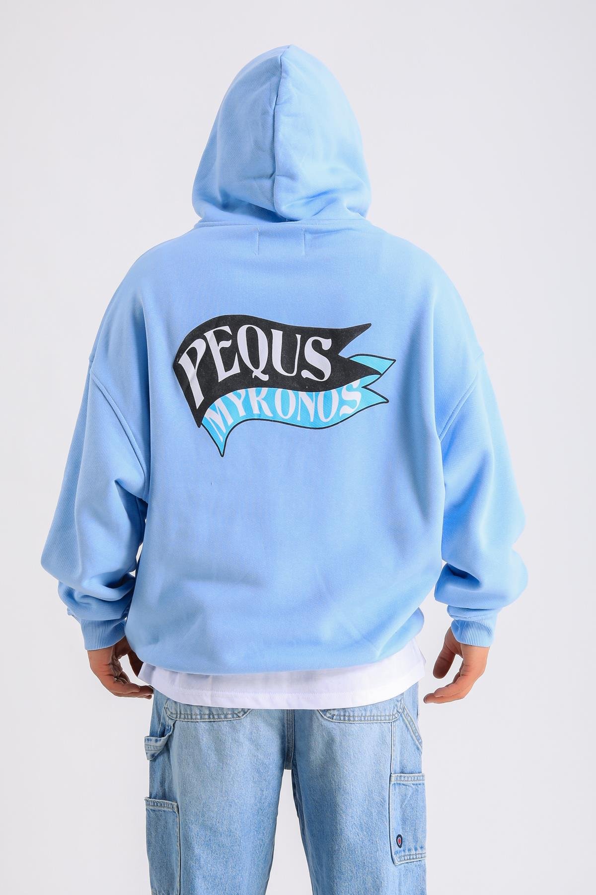 PQS Baskılı Mavi Oversize Zipper Hoodie SW1232