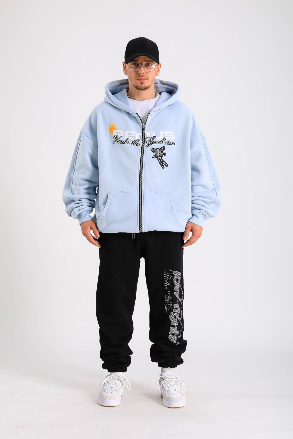 PQS Baskılı Mavi Oversize Zipper Hoodie SW1263