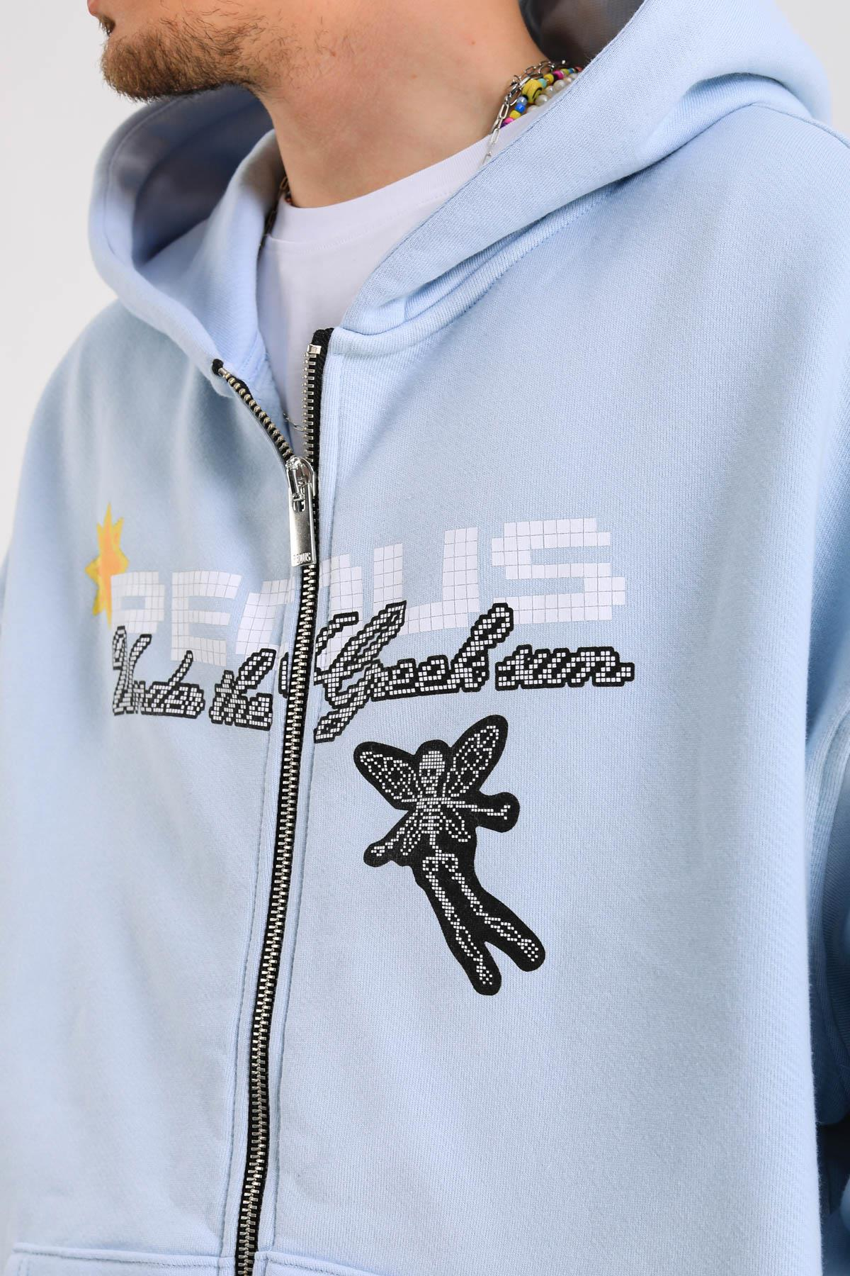 PQS Baskılı Mavi Oversize Zipper Hoodie SW1263