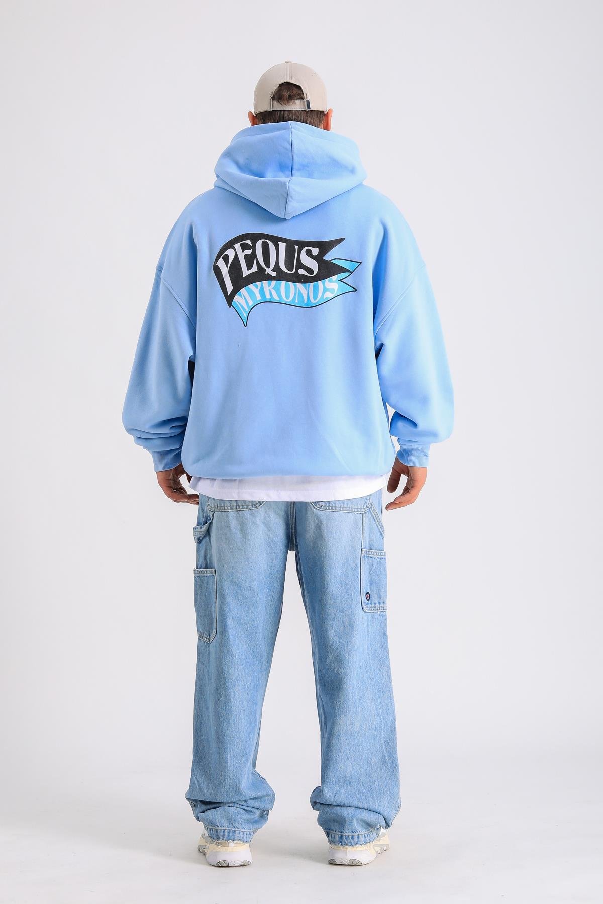 PQS Baskılı Mavi Oversize Zipper Hoodie SW1232