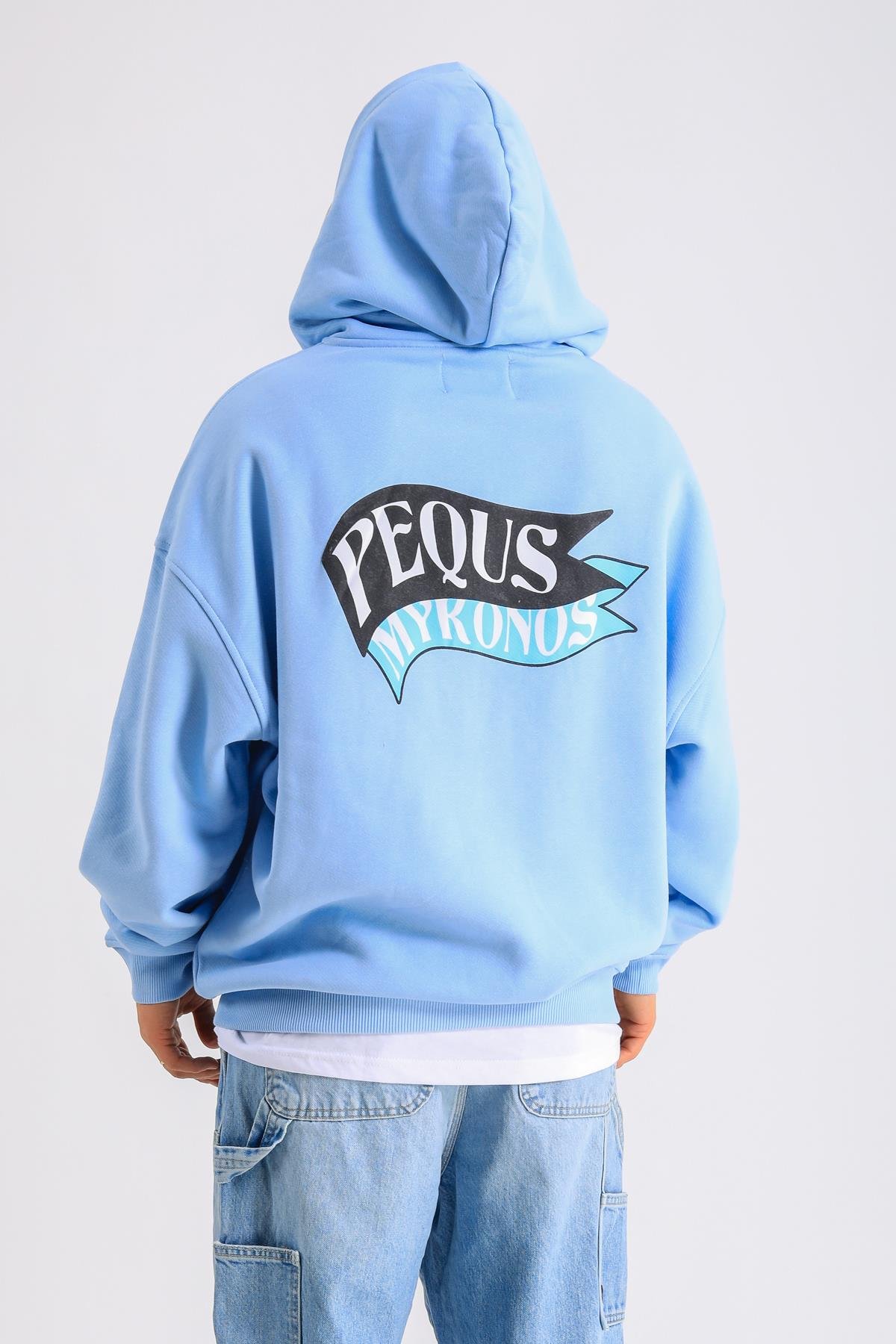 PQS Baskılı Mavi Oversize Zipper Hoodie SW1232