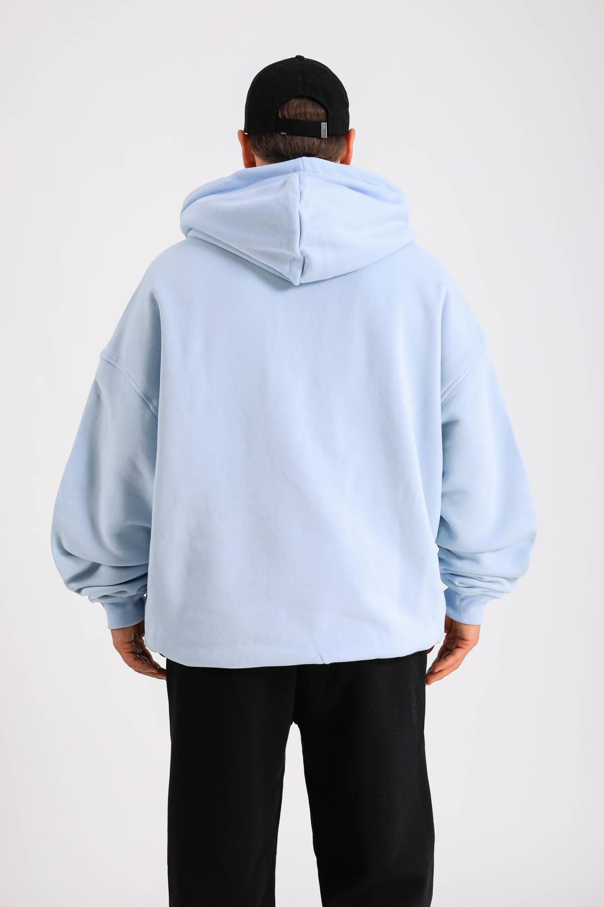PQS Baskılı Mavi Oversize Zipper Hoodie SW1263