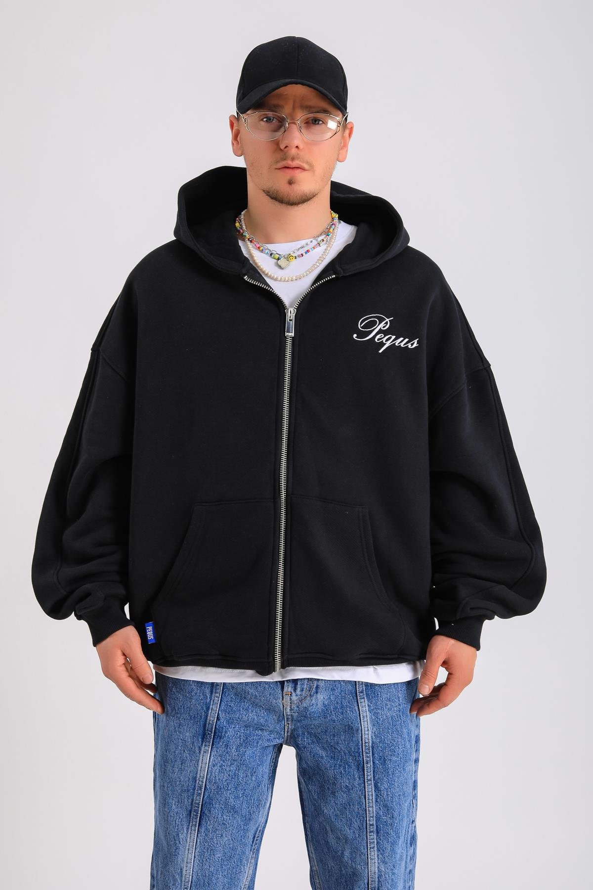 PQS Baskılı Siyah Oversize Zipper Hoodie SW1296