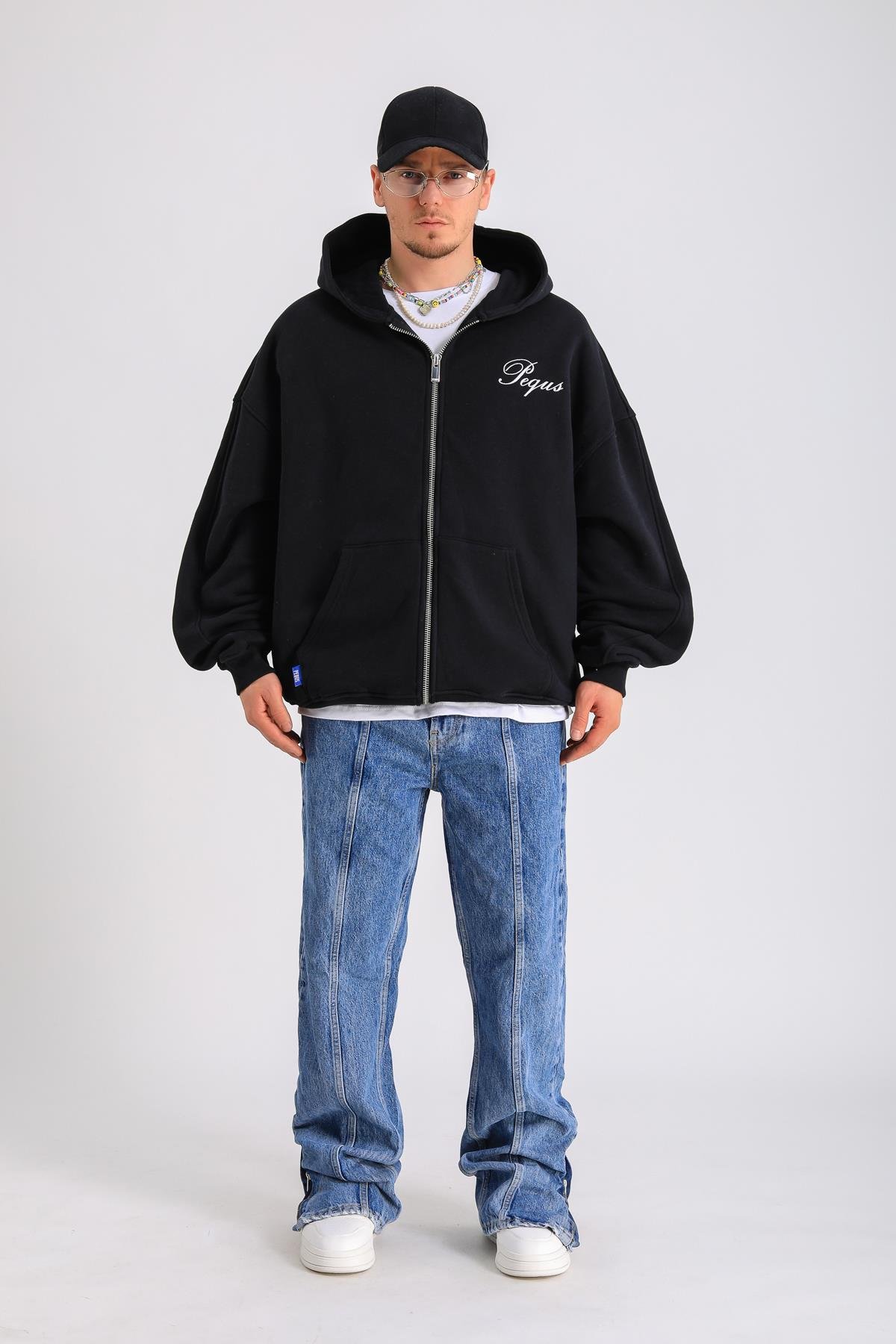 PQS Baskılı Siyah Oversize Zipper Hoodie SW1296