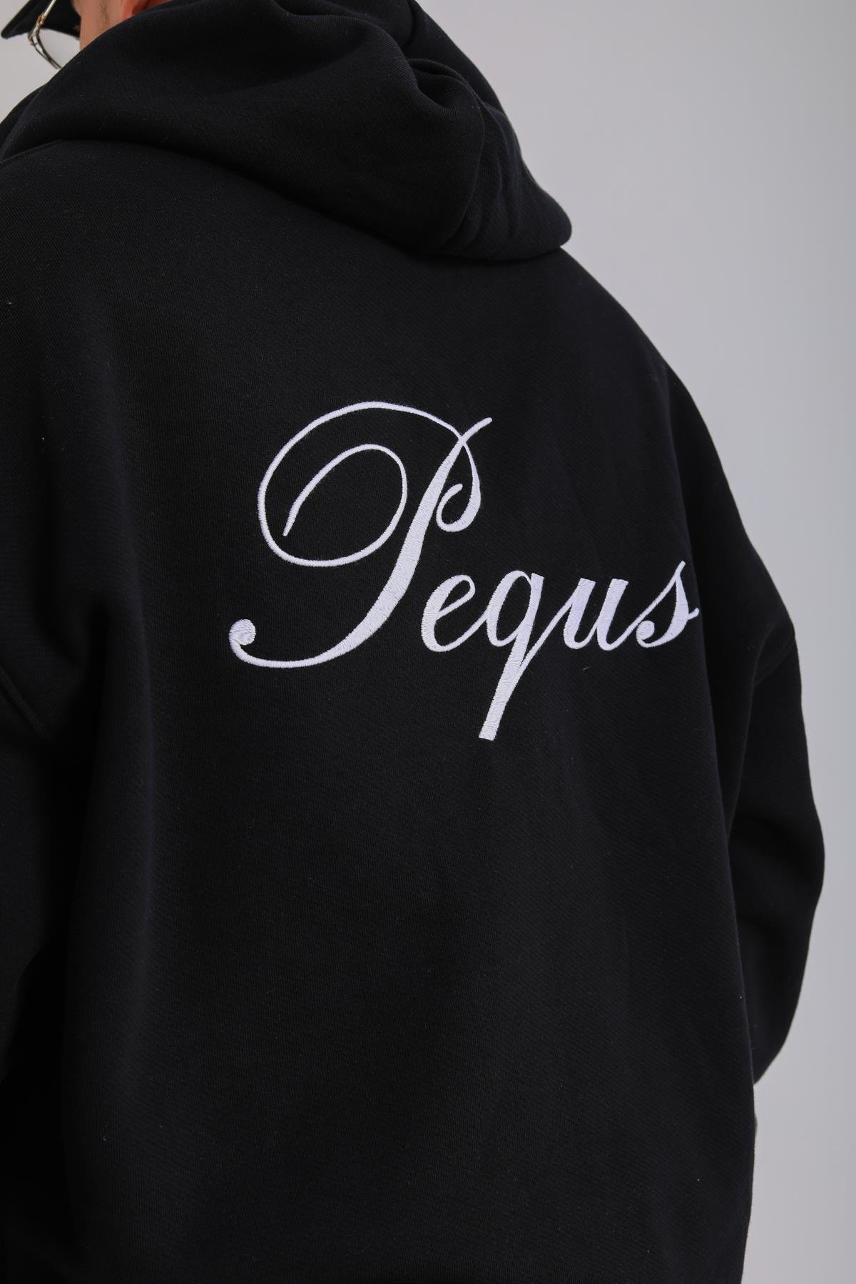 PQS Baskılı Siyah Oversize Zipper Hoodie SW1296