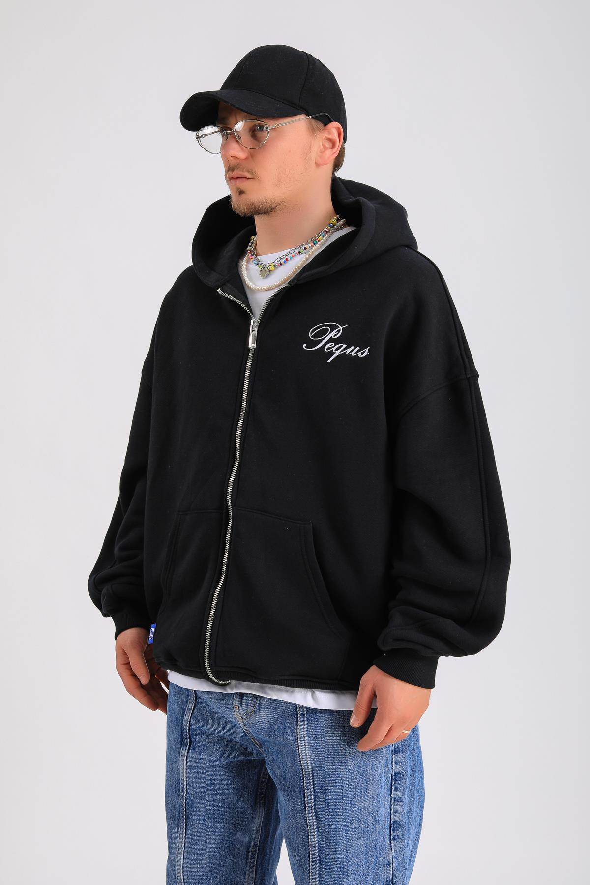 PQS Baskılı Siyah Oversize Zipper Hoodie SW1296