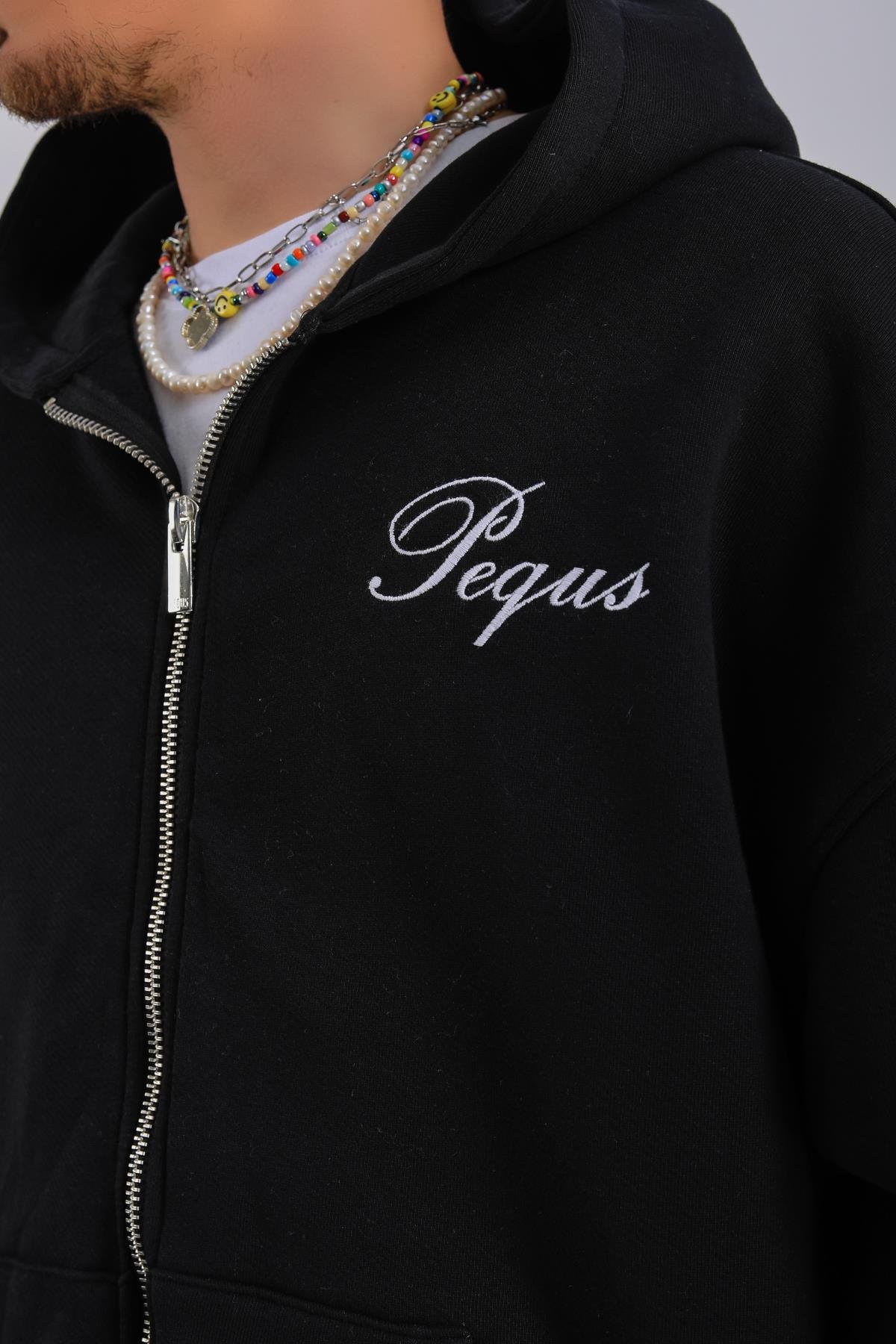 PQS Baskılı Siyah Oversize Zipper Hoodie SW1296