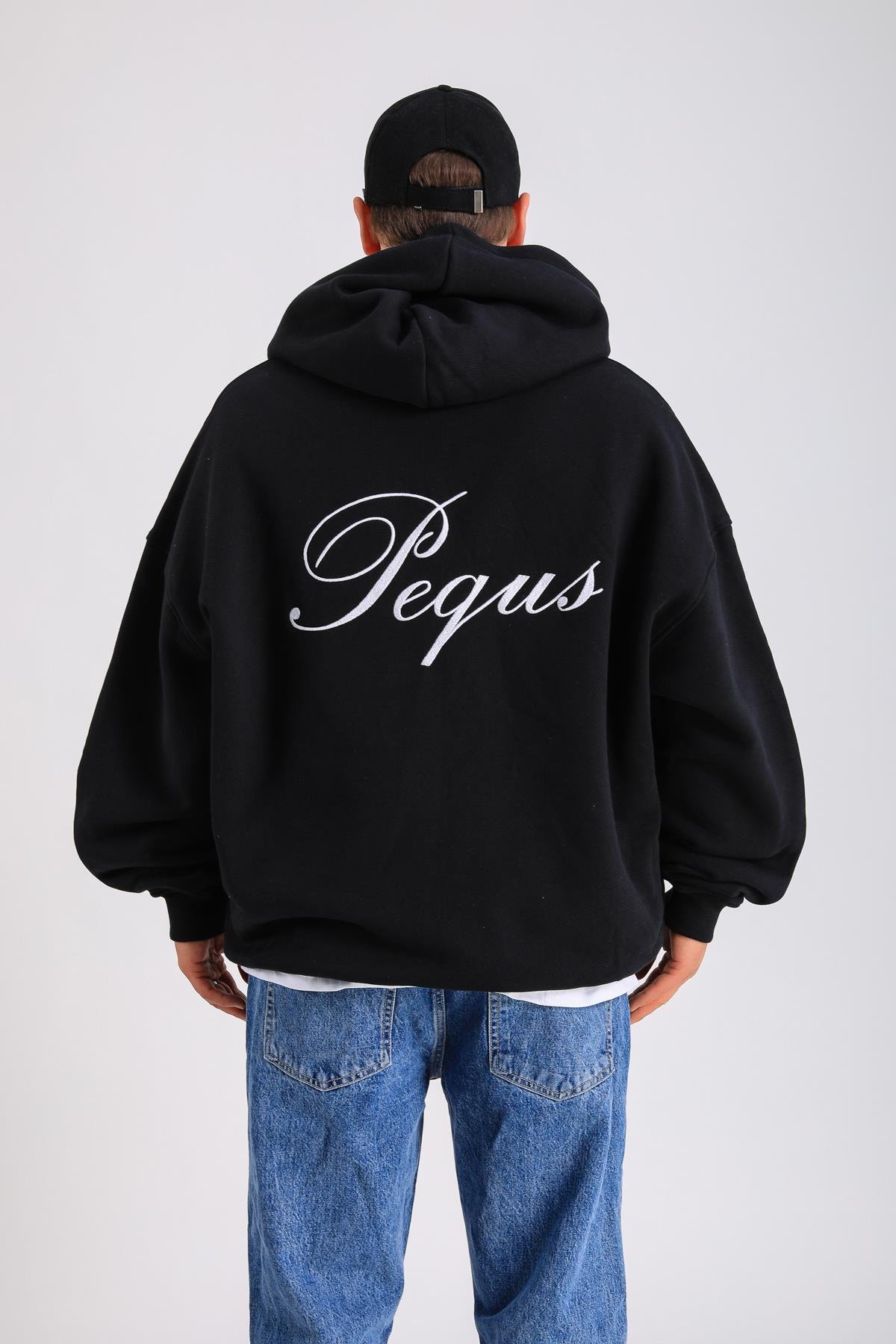 PQS Baskılı Siyah Oversize Zipper Hoodie SW1296