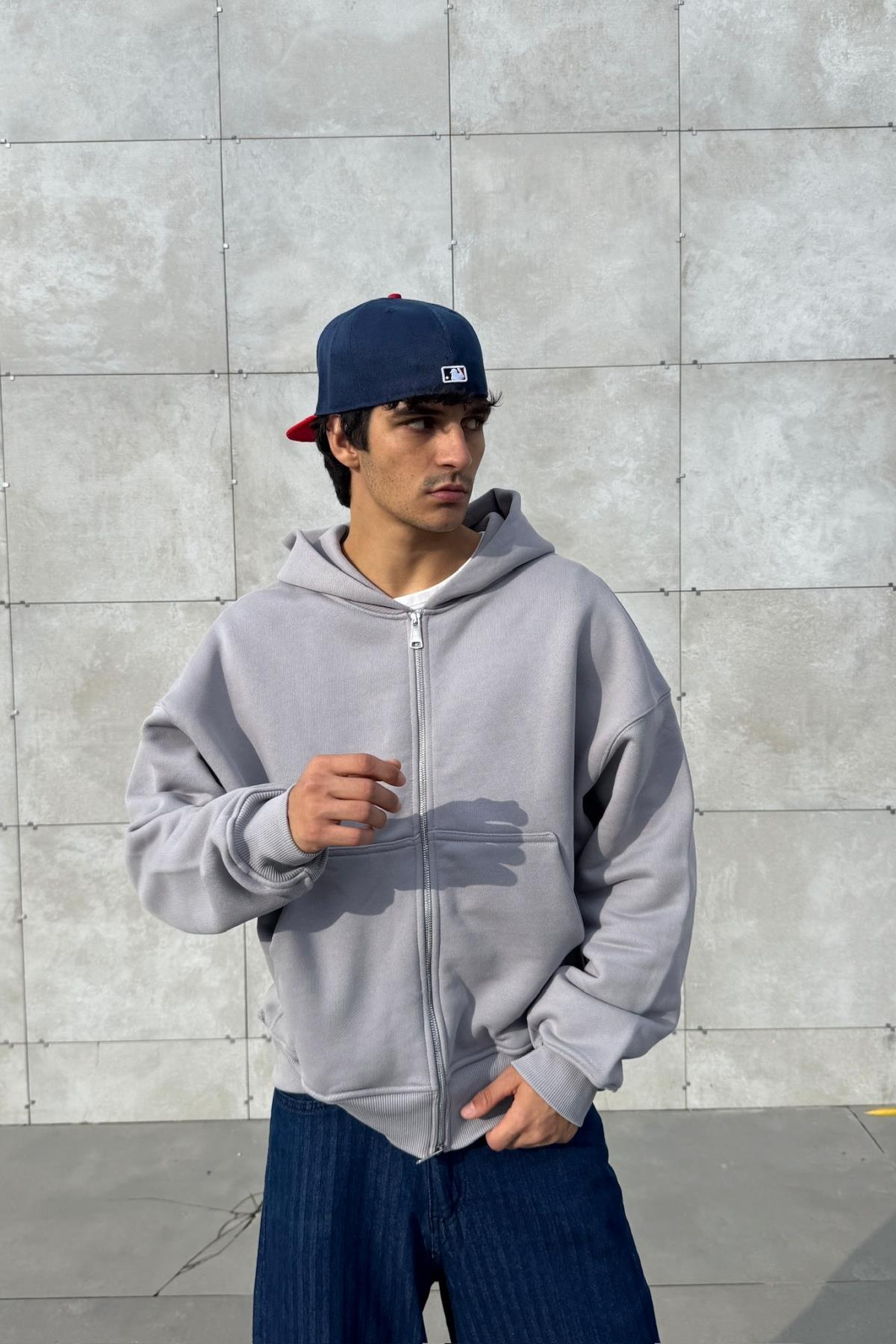 Premium Gri Oversize Zipper Hoodie JC1336