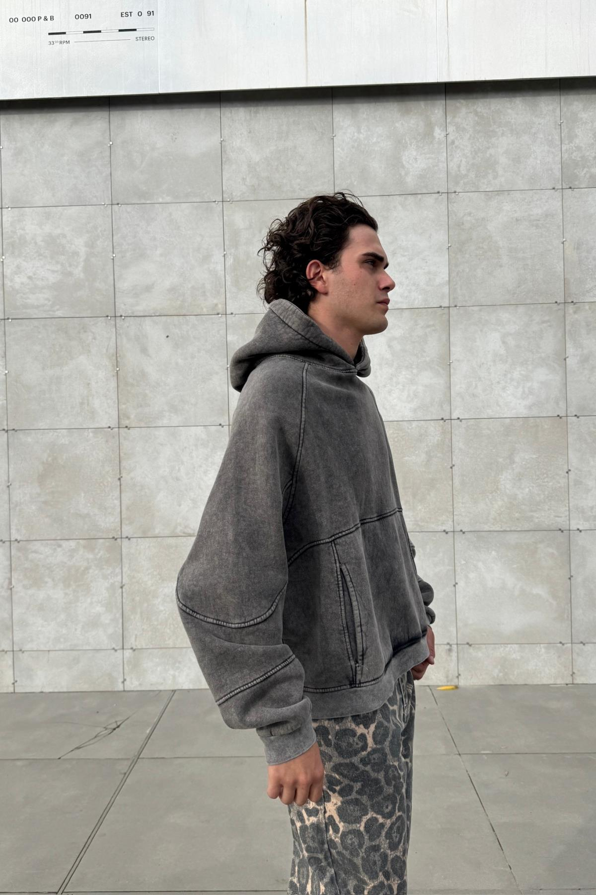 Premium Kumaş Acid Wash Füme Oversize Hoodie JC01