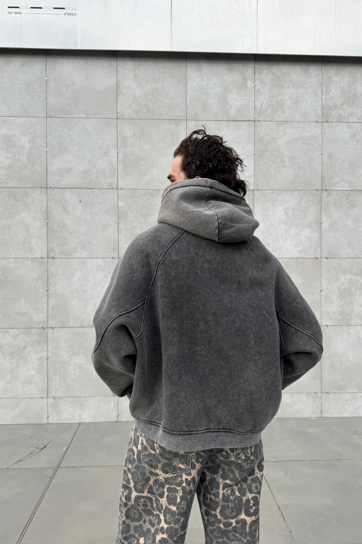 Premium Kumaş Acid Wash Füme Oversize Hoodie JC01