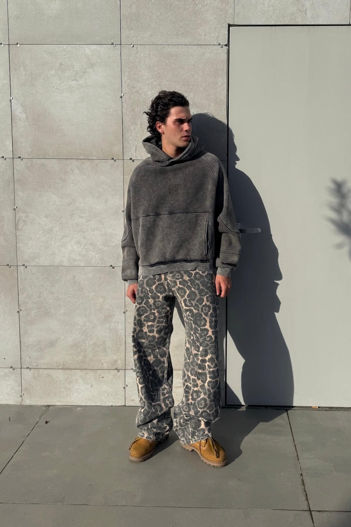 Premium Kumaş Acid Wash Füme Oversize Hoodie JC01