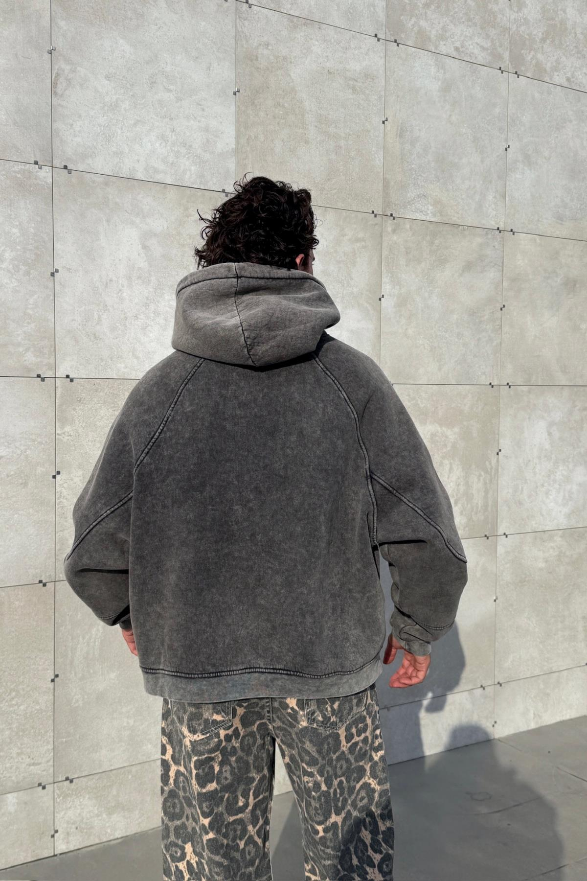Premium Kumaş Acid Wash Füme Oversize Hoodie JC01