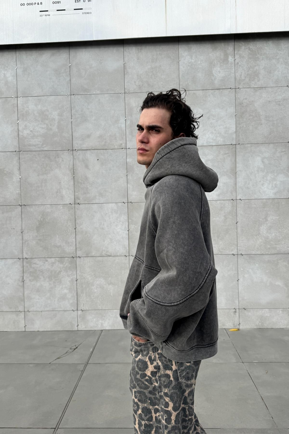 Premium Kumaş Acid Wash Füme Oversize Hoodie JC01