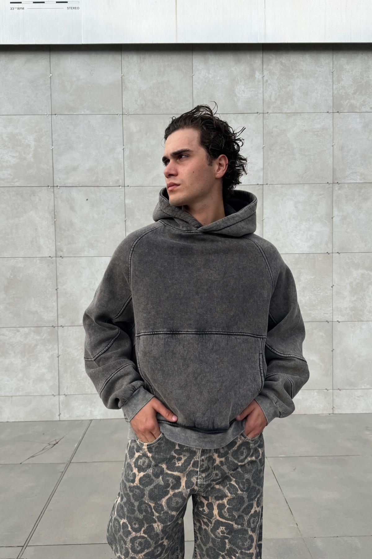 Premium Kumaş Acid Wash Füme Oversize Hoodie JC01
