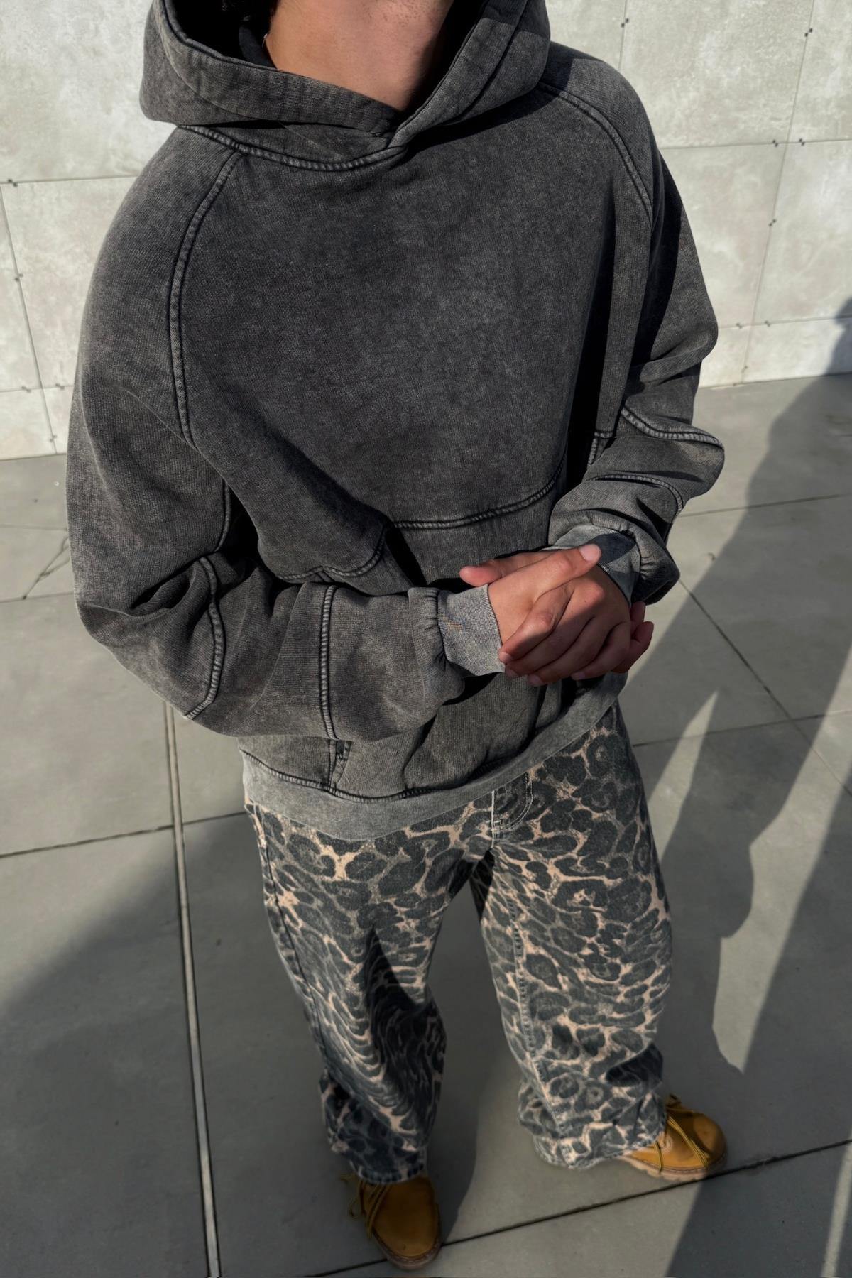 Premium Kumaş Acid Wash Füme Oversize Hoodie JC01