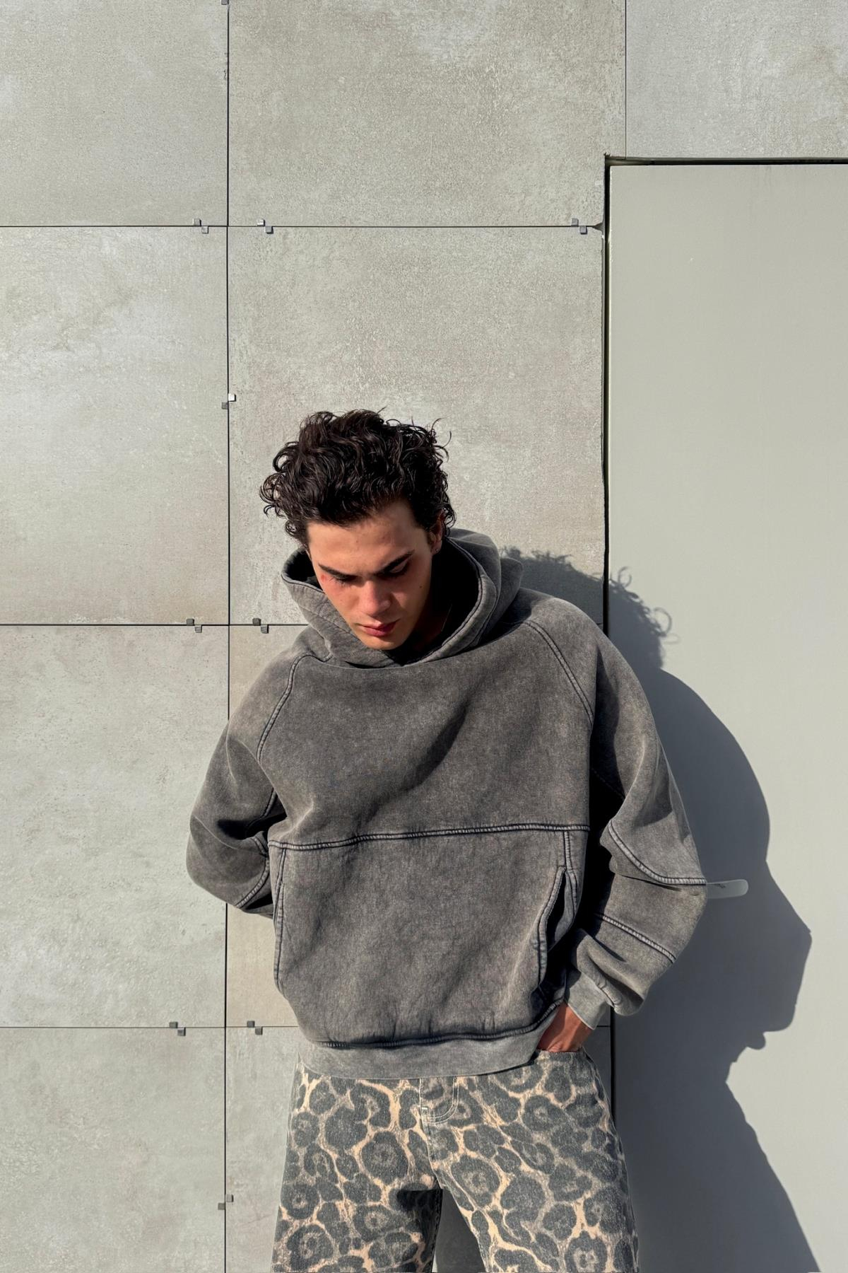 Premium Kumaş Acid Wash Füme Oversize Hoodie JC01