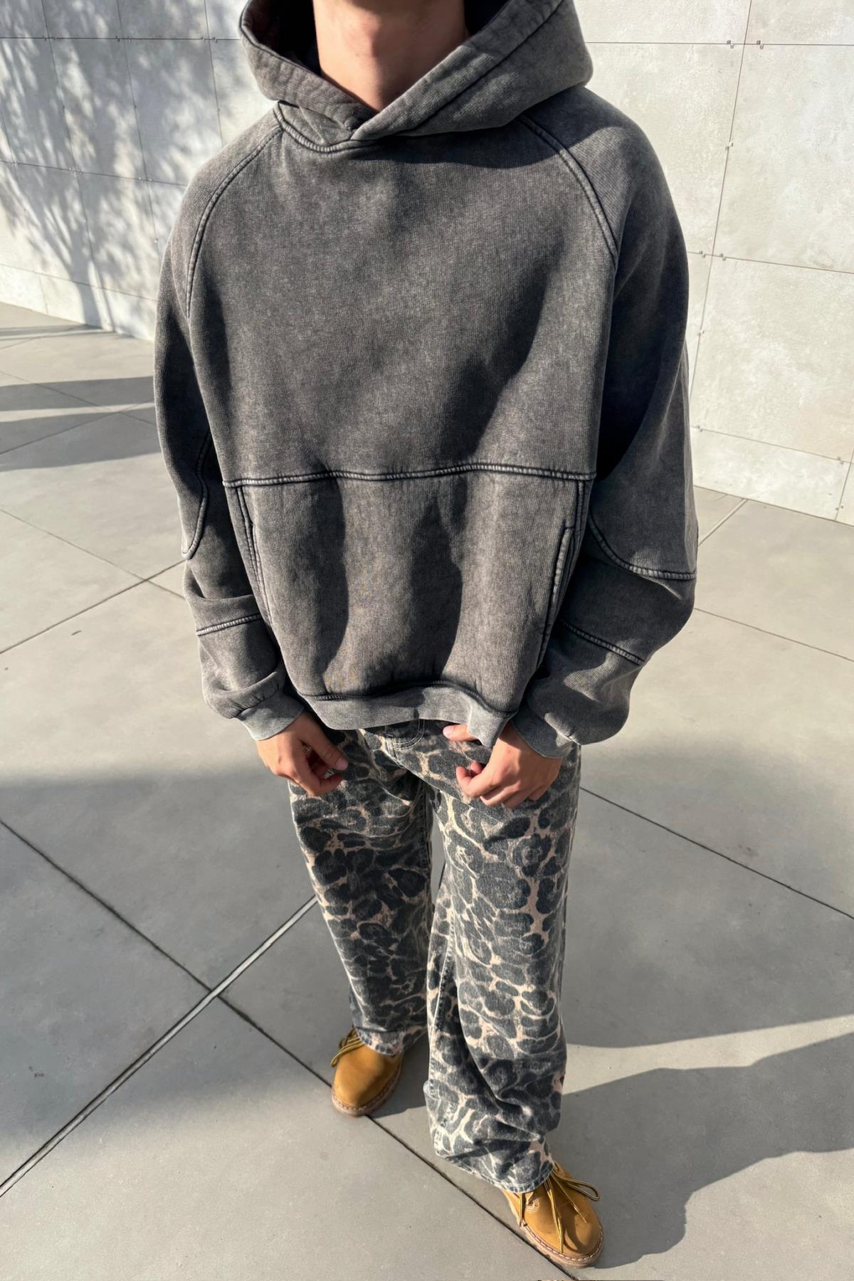 Premium Kumaş Acid Wash Füme Oversize Hoodie JC01
