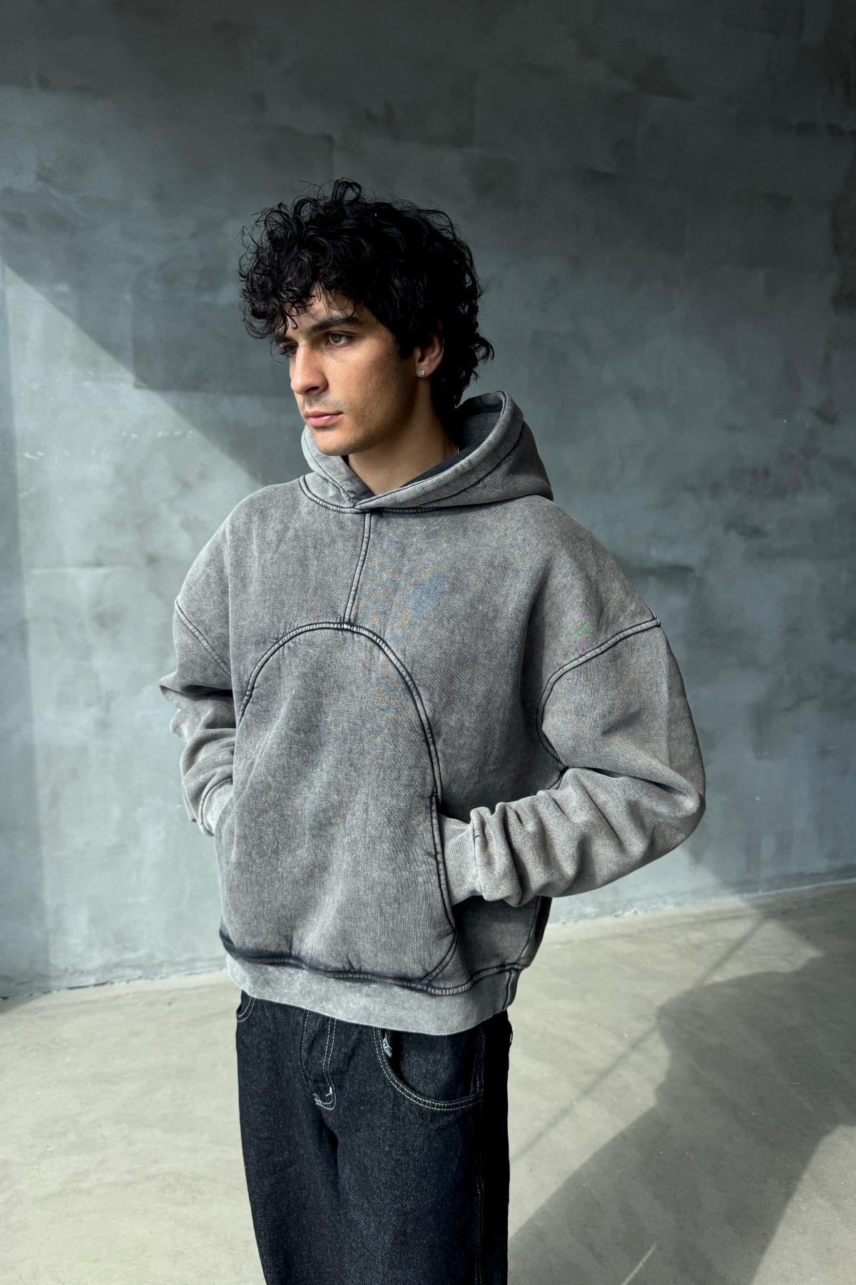 Premium Kumaş Yıkamalı Antrasit Oversize Sweatshirt JC01
