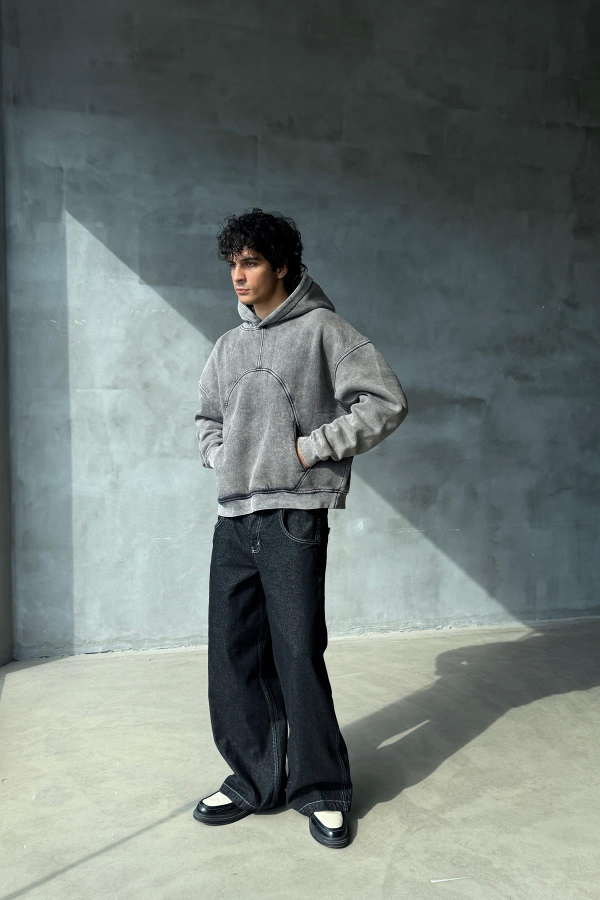 Premium Kumaş Yıkamalı Antrasit Oversize Sweatshirt JC01