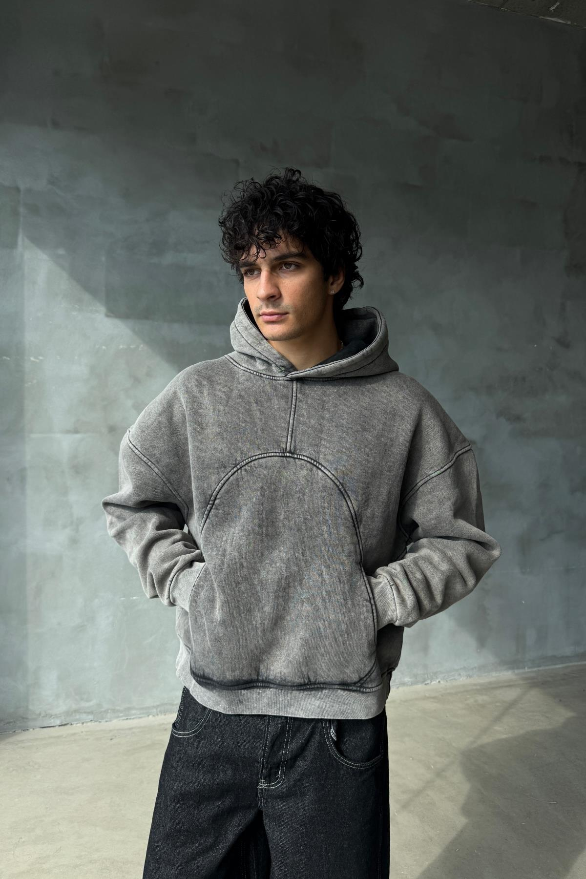 Premium Kumaş Yıkamalı Antrasit Oversize Sweatshirt JC01