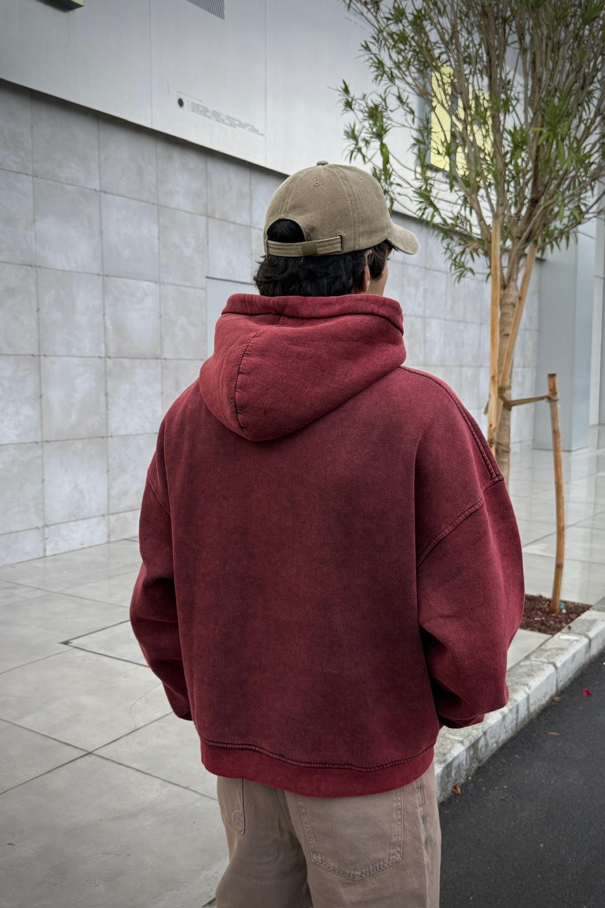 Premium Kumaş Yıkamalı Bordo Oversize Sweatshirt JC01