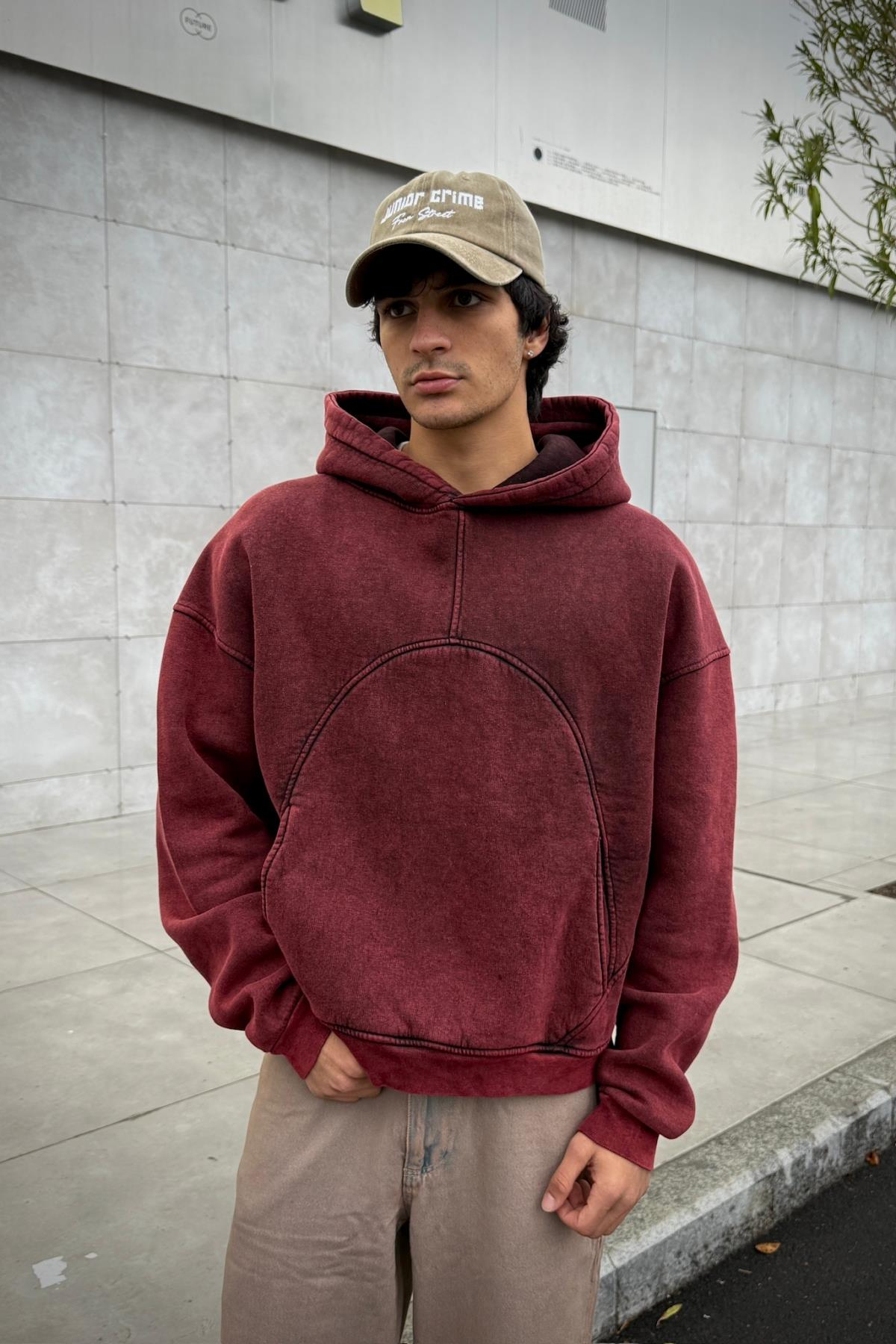 Premium Kumaş Yıkamalı Bordo Oversize Sweatshirt JC01