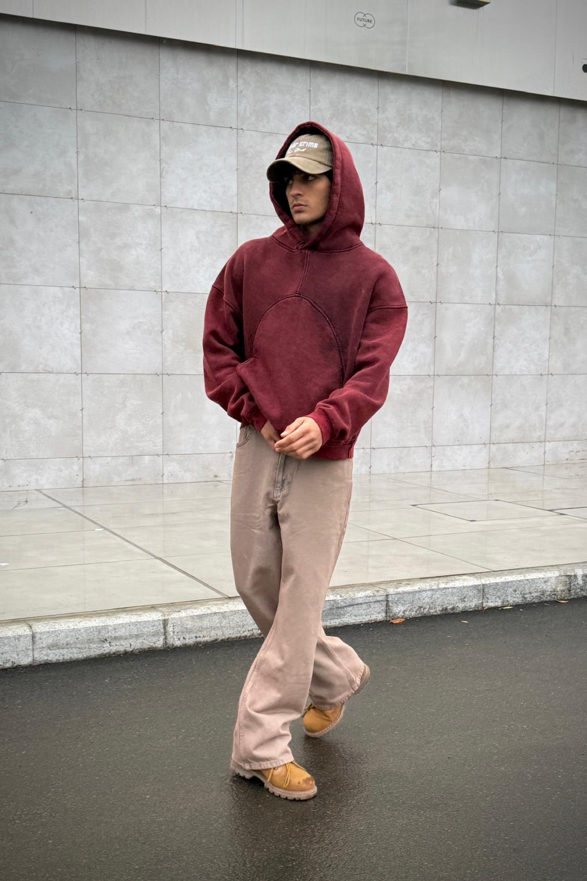 Premium Kumaş Yıkamalı Bordo Oversize Sweatshirt JC01
