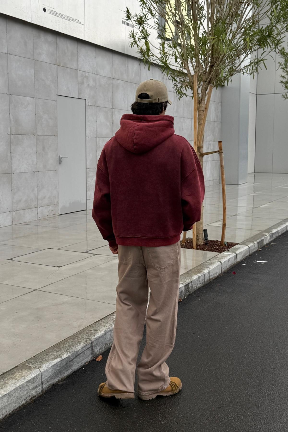 Premium Kumaş Yıkamalı Bordo Oversize Sweatshirt JC01