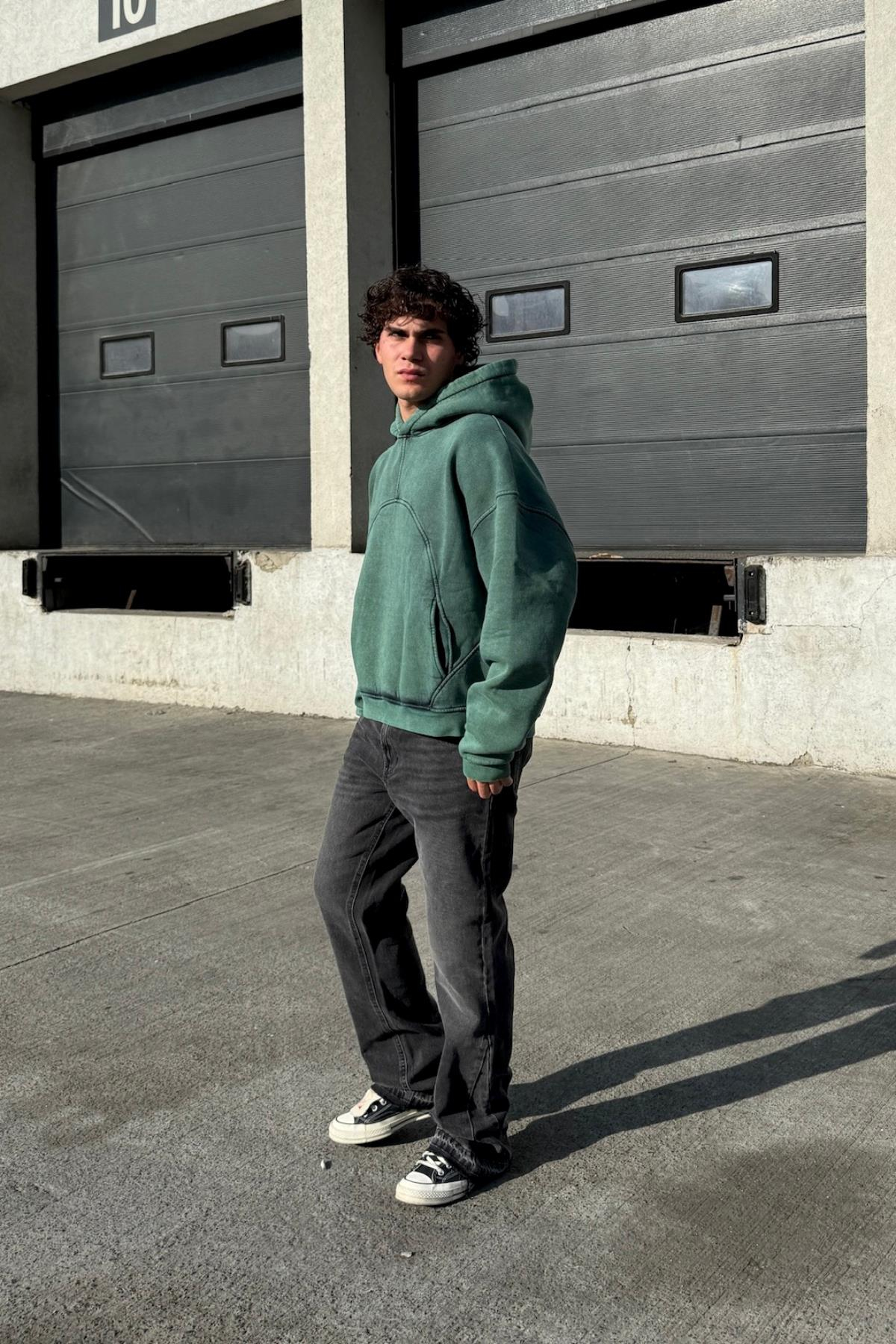 Premium Kumaş Yıkamalı Yeşil Oversize Sweatshirt JC01