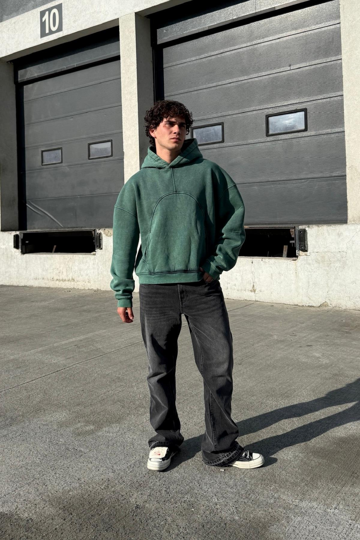 Premium Kumaş Yıkamalı Yeşil Oversize Sweatshirt JC01