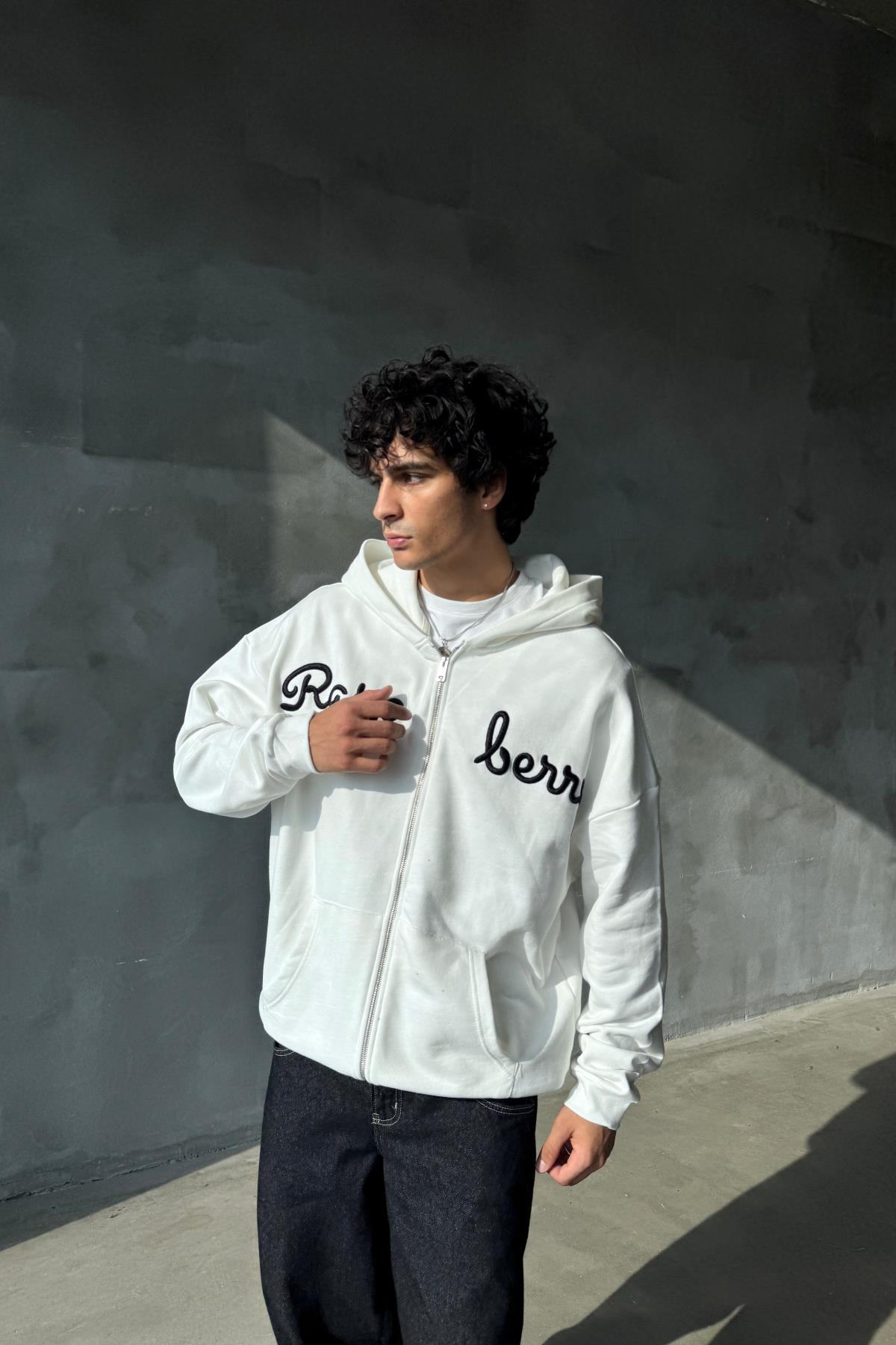 Rasperry Nakışlı Beyaz Oversize Zipper Sweatshirt SR01