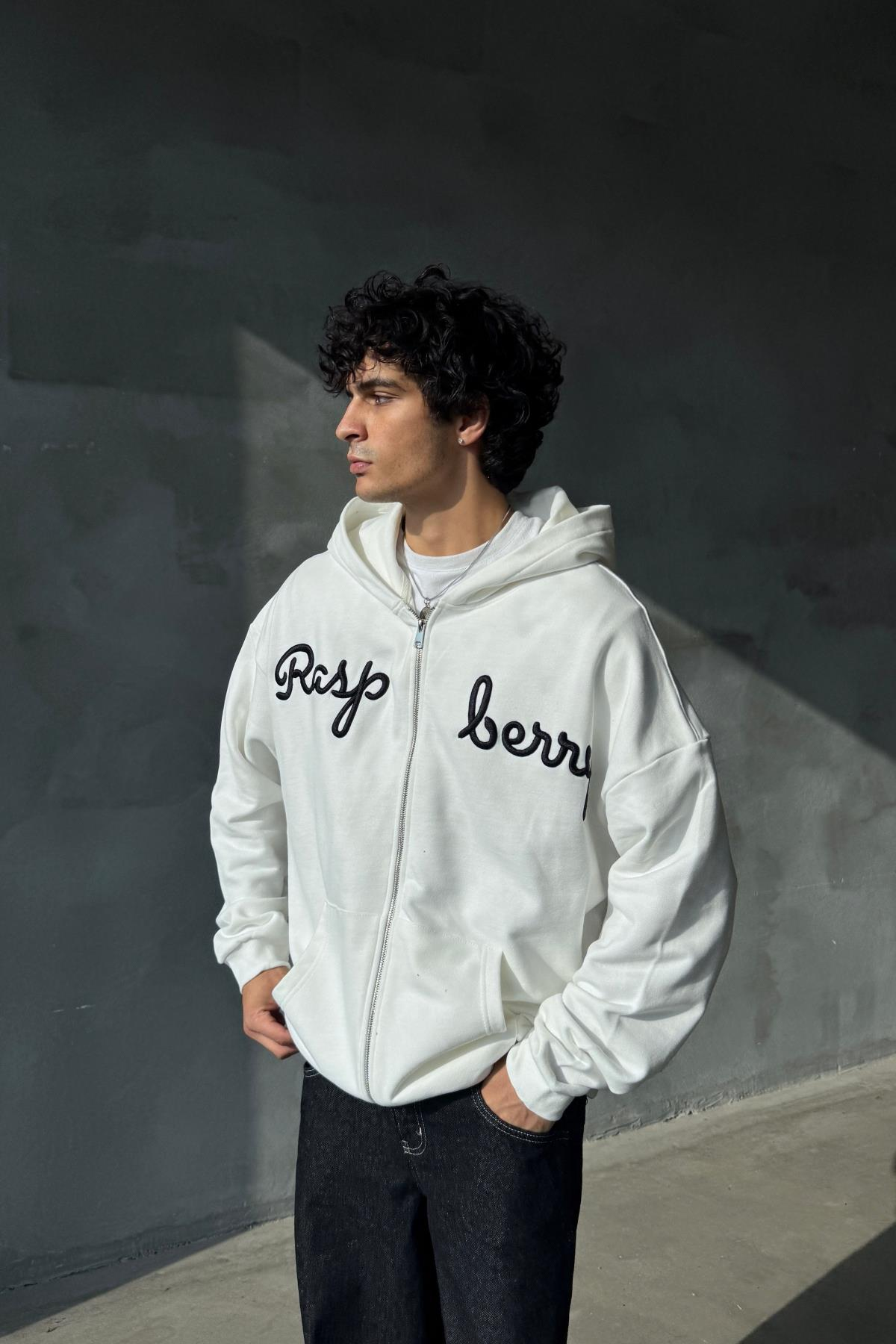 Rasperry Nakışlı Beyaz Oversize Zipper Sweatshirt SR01