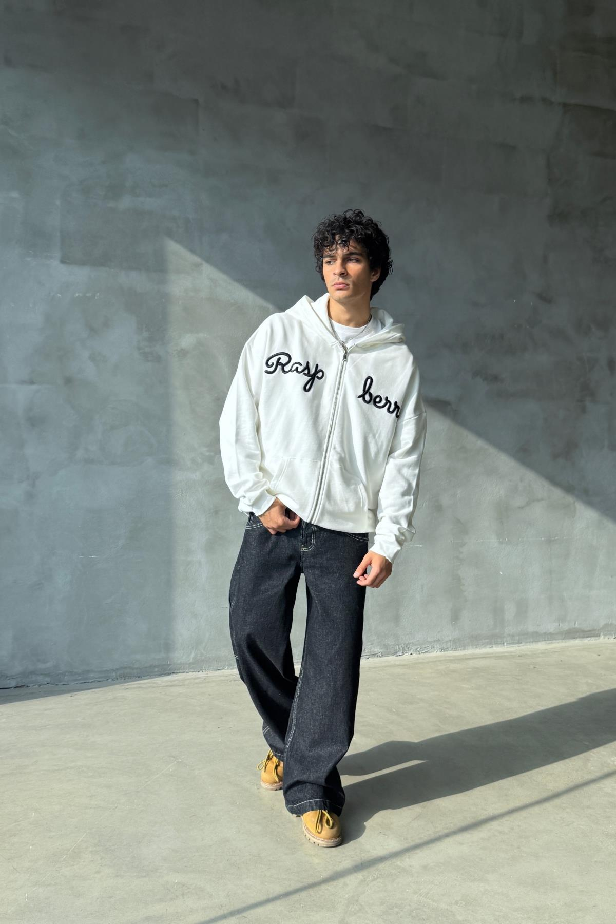 Rasperry Nakışlı Beyaz Oversize Zipper Sweatshirt SR01