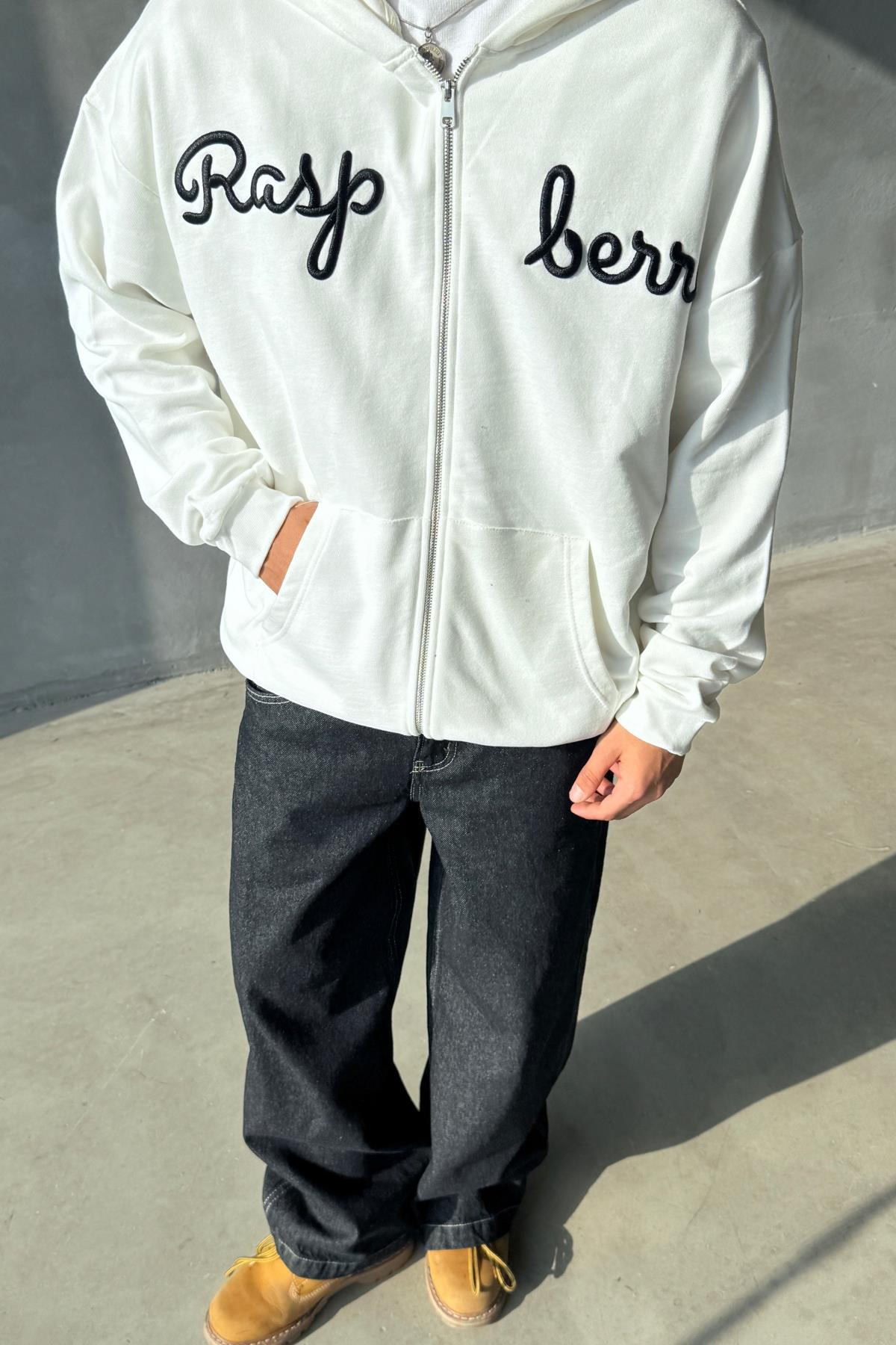 Rasperry Nakışlı Beyaz Oversize Zipper Sweatshirt SR01