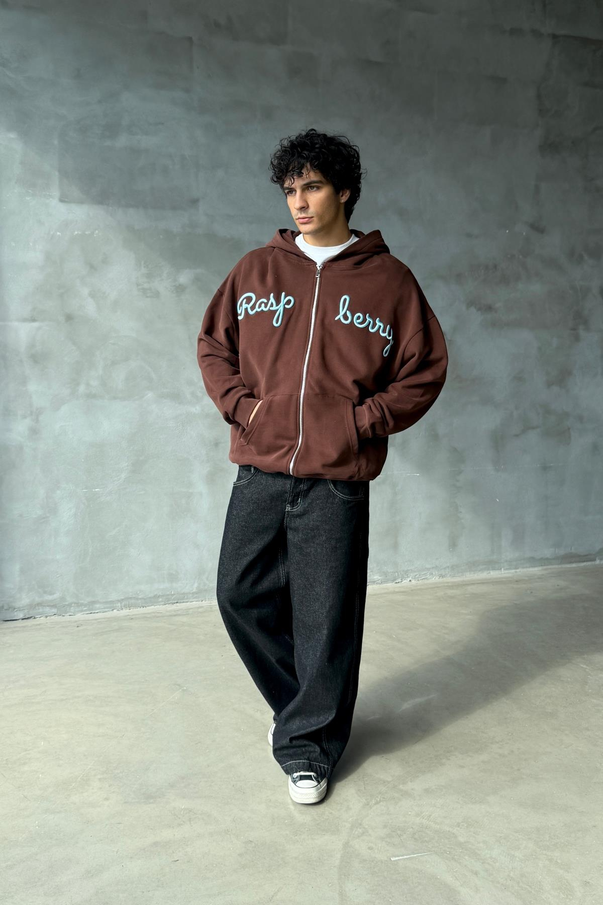 Rasperry Nakışlı Kahve Oversize Zipper Sweatshirt SR01