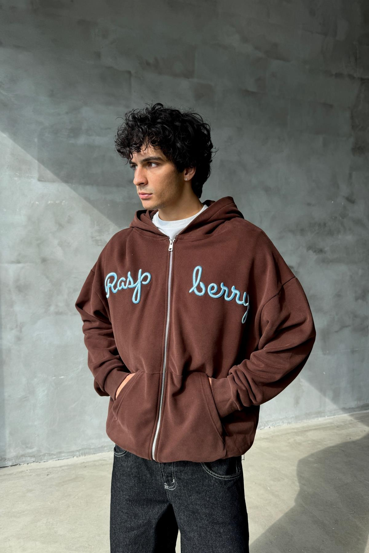 Rasperry Nakışlı Kahve Oversize Zipper Sweatshirt SR01