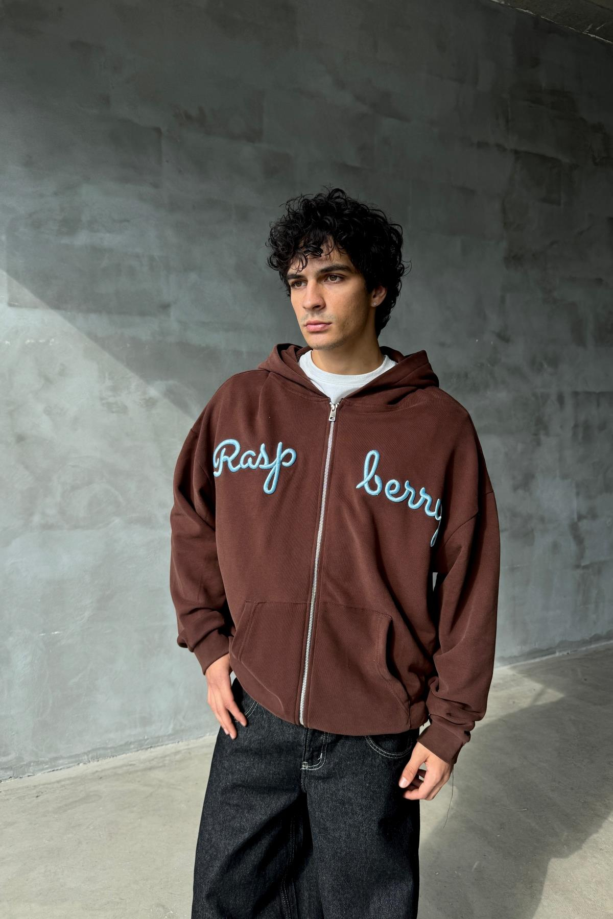 Rasperry Nakışlı Kahve Oversize Zipper Sweatshirt SR01