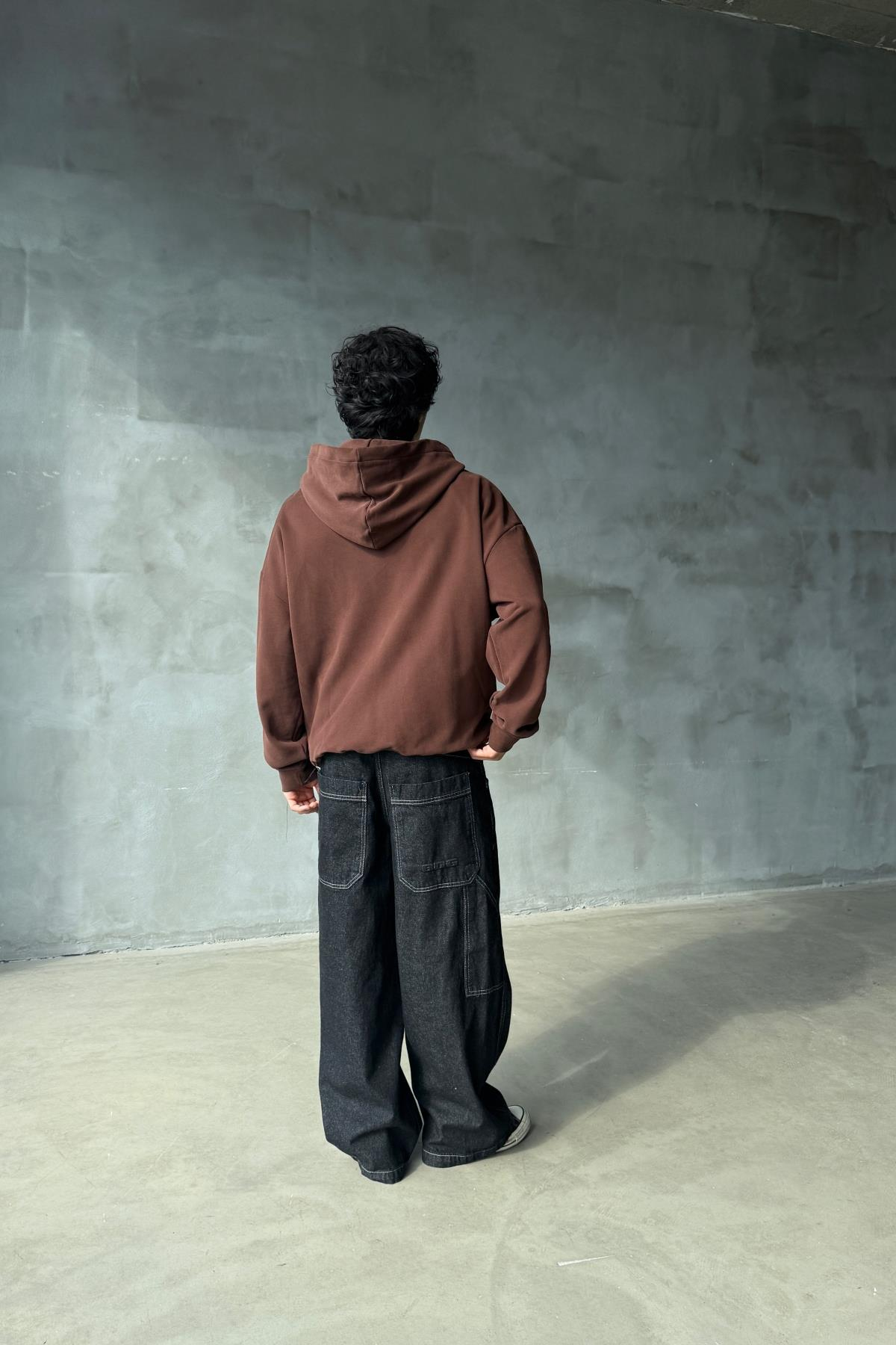 Rasperry Nakışlı Kahve Oversize Zipper Sweatshirt SR01