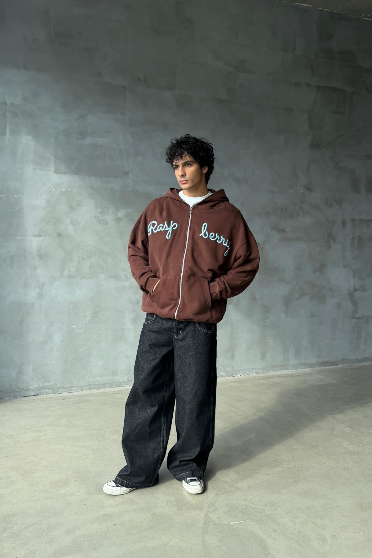 Rasperry Nakışlı Kahve Oversize Zipper Sweatshirt SR01