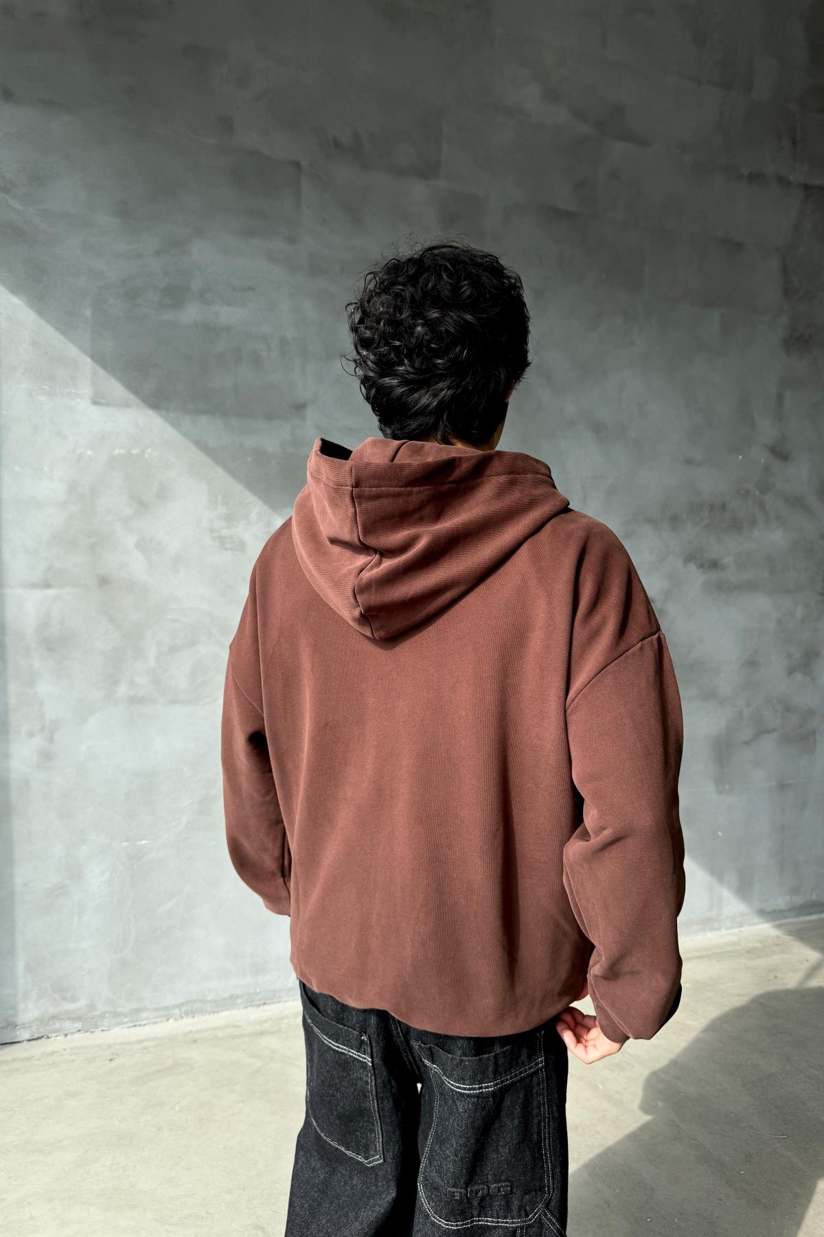 Rasperry Nakışlı Kahve Oversize Zipper Sweatshirt SR01