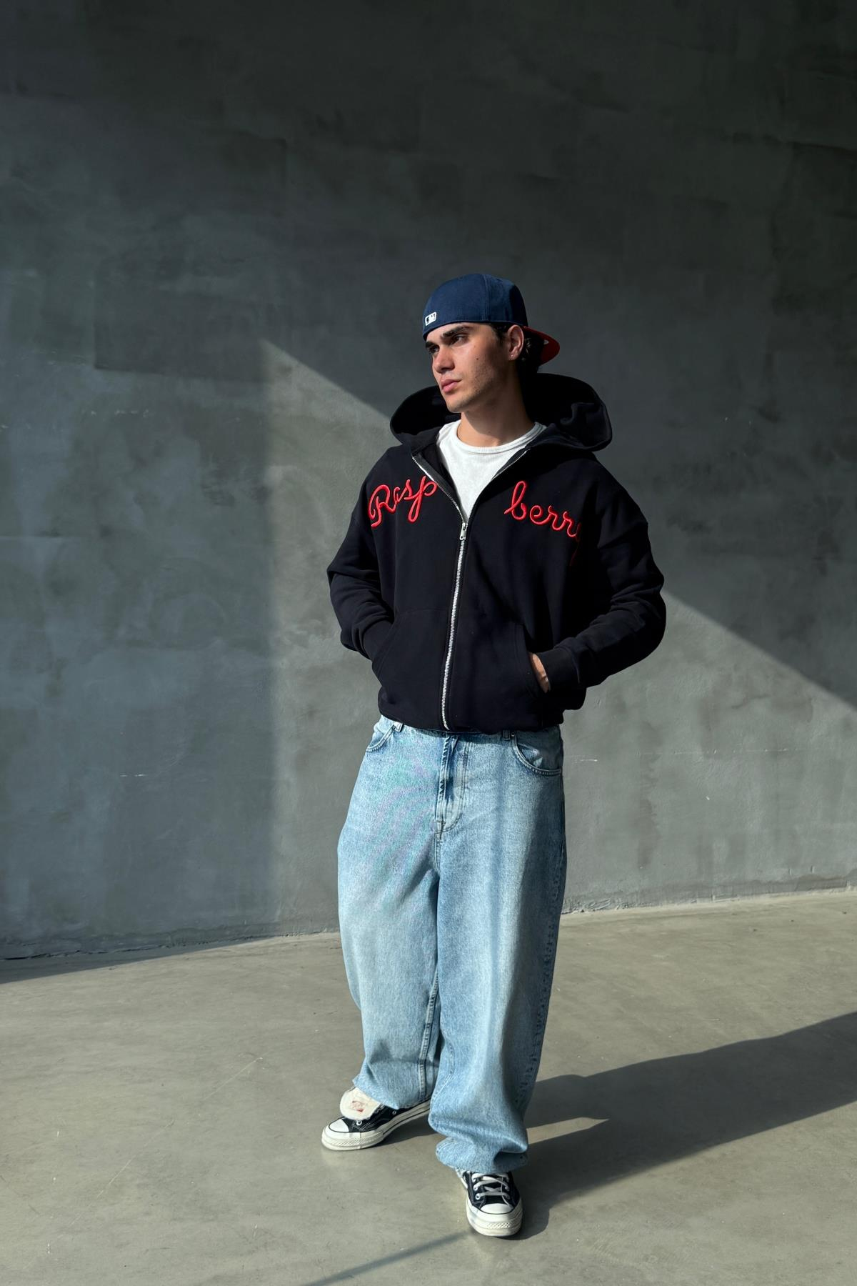 Rasperry Nakışlı Siyah Oversize Zipper Sweatshirt SR01