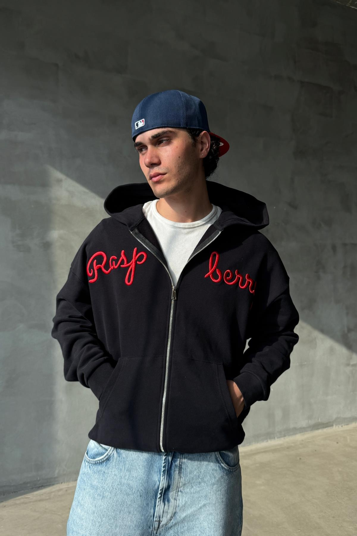 Rasperry Nakışlı Siyah Oversize Zipper Sweatshirt SR01
