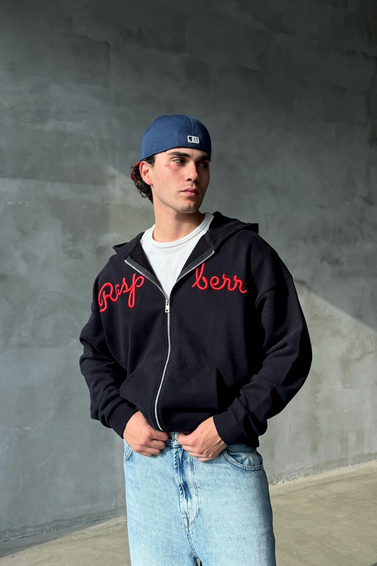 Rasperry Nakışlı Siyah Oversize Zipper Sweatshirt SR01