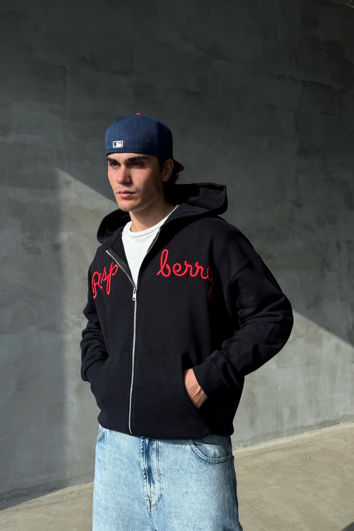 Rasperry Nakışlı Siyah Oversize Zipper Sweatshirt SR01